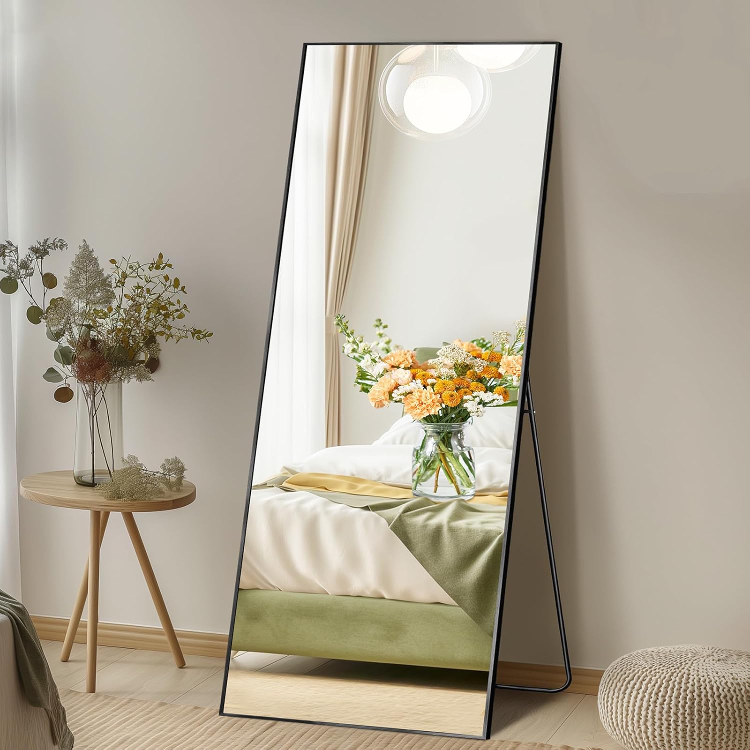 DUMOS 64"x21" Arched Full Length Mirror with Stand Floor Free Standing Aluminum Frame for Bedroom Body Hanging Leaning Modern Simple Home Decor Shatter-proorf Nano Glass Wall, Black-Rounded