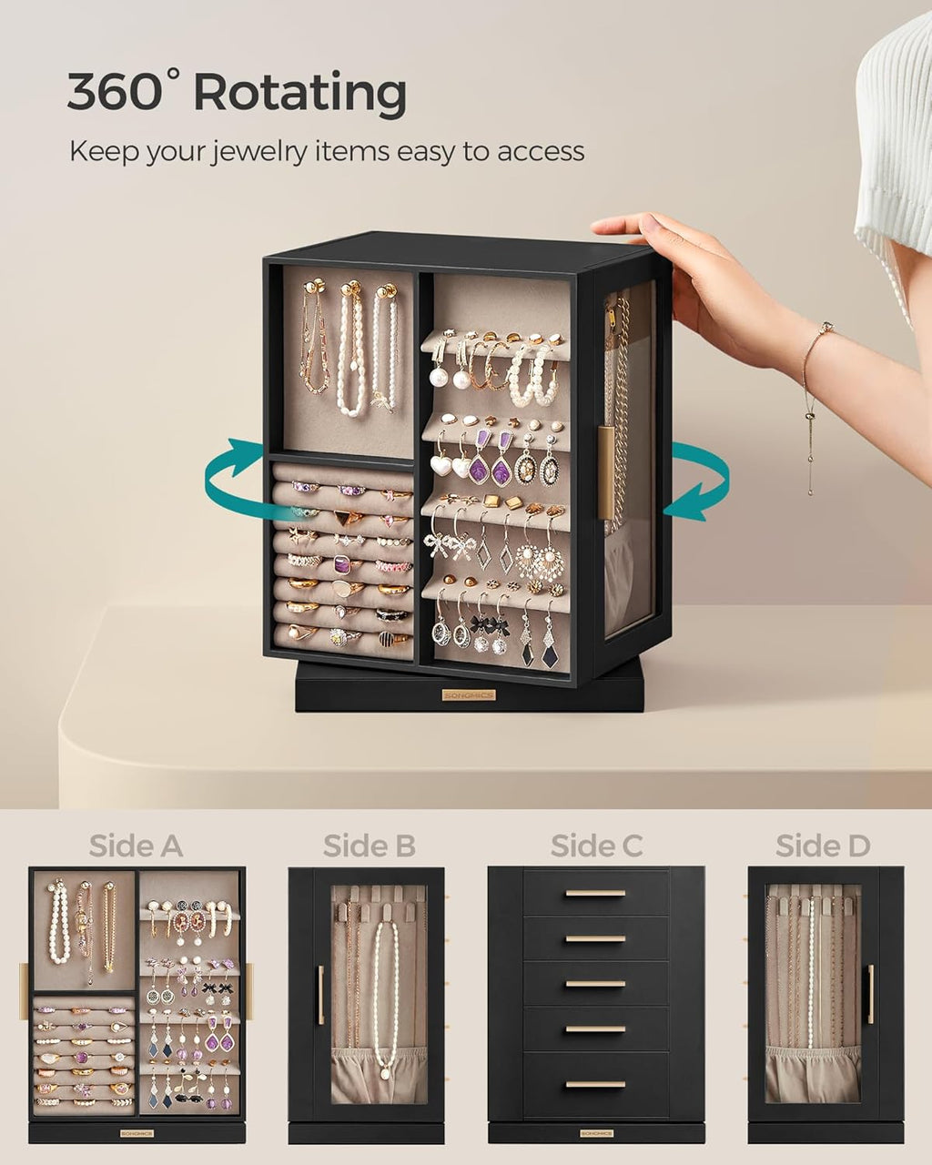 SONGMICS Jewelry Box 360°Rotating, Jewelry Storage Case with 5 Drawers, Jewelry Organizer, Glass Window, Spacious, Vertical Jewelry Storage, Open Design, Great Gift, Graphite Black UJBC170B01