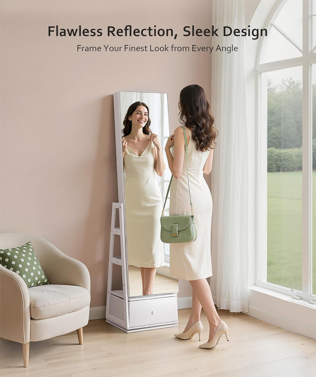 Nicetree 360°Swivel Jewelry Cabinet, Rotatable Full Length Mirror with Jewelry Storage, Standing Jewelry Armoire Organizer, Lockable Jewelry Organizer with 3 Rear Shelves, Bottom Drawer, Pure White