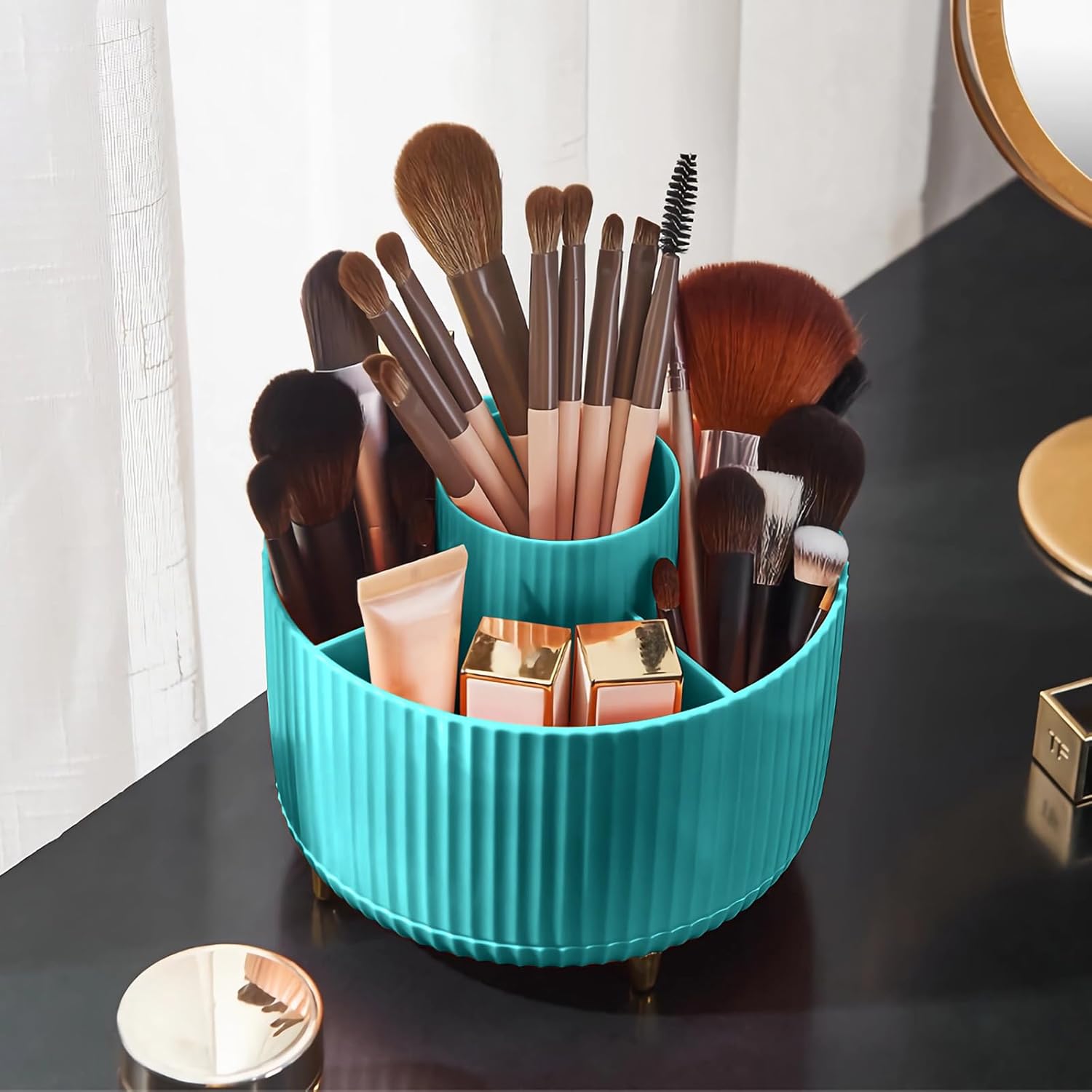 Diesisa Makeup Brush Holder Organizer,360° Rotating Makeup Brush Organizer,5 Slot Make up Brushes Cup for Cosmetics, Nail Polish, Art Supply, Bathroom Vanity Desktop Organizer - White