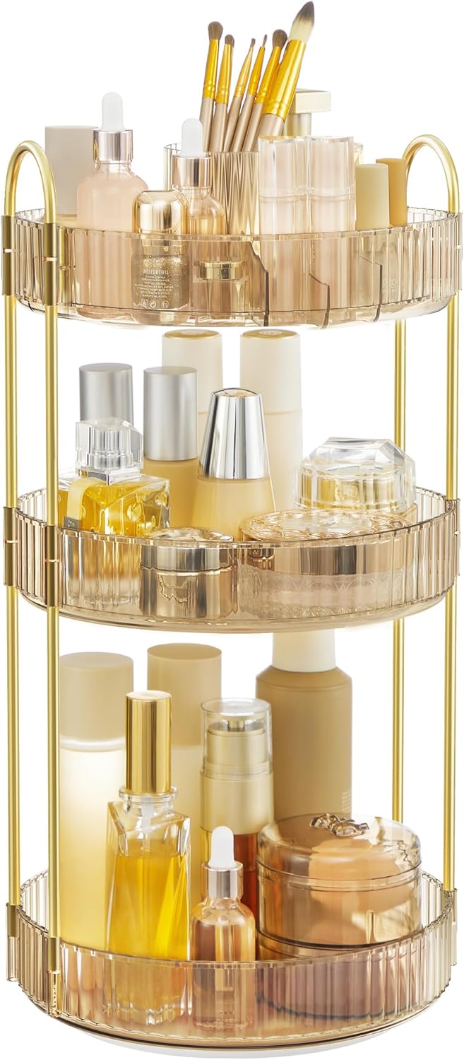 SONGMICS Makeup Organizer, 3-Tier Round Rotating Skincare Organizer Countertop, Customizable, Toiletries Vanity Organizer, Lazy Susan, Gift, Cloud White UJKA011W01