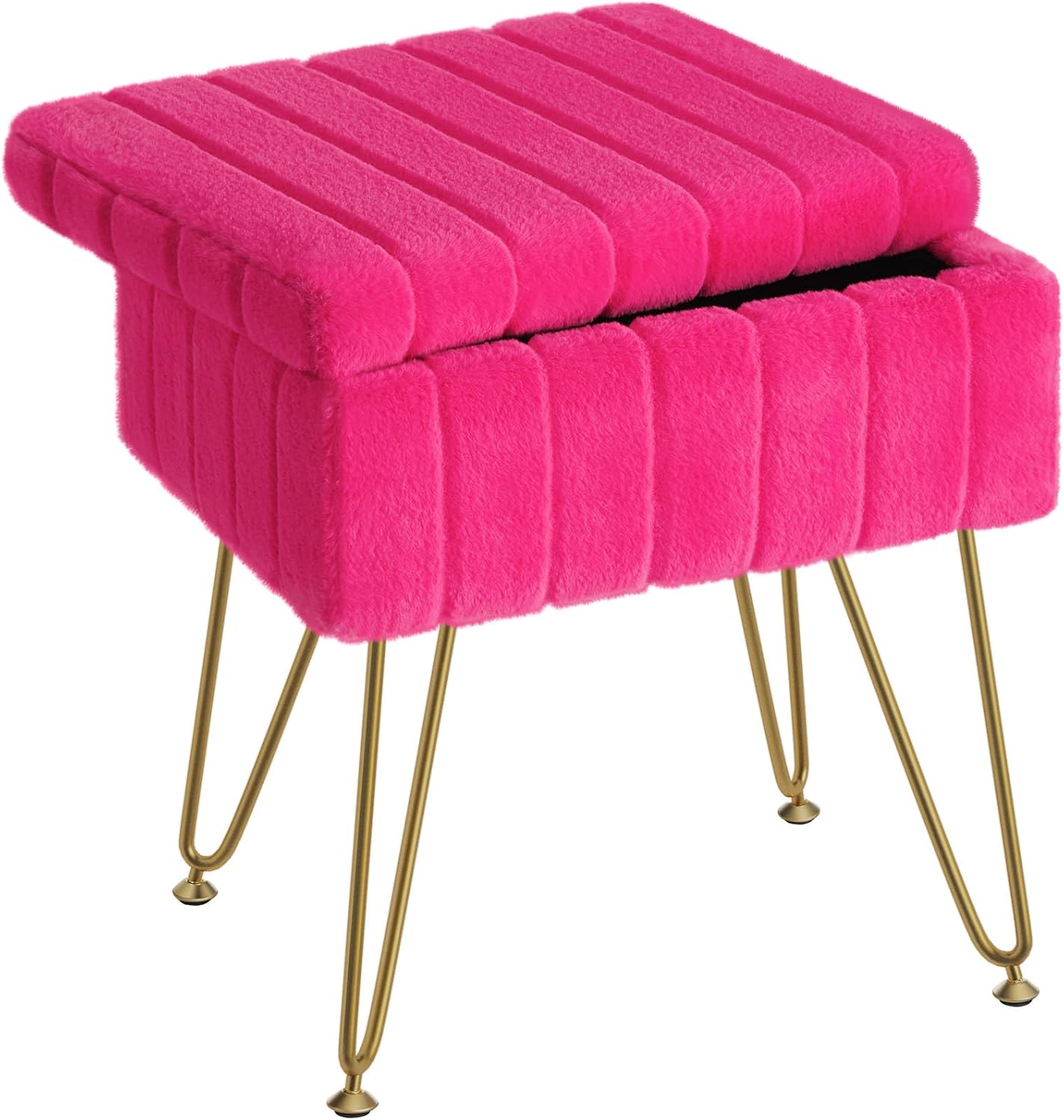 Greenstell Vanity Stool Chair Faux Fur with Storage, 15.7"L x 11.8"W x 19.4"H Soft Ottoman 4 Metal Legs with Anti-Slip Feet, Furry Padded Seat, Modern Multifunctional Chairs for Makeup, Bedroom Pink