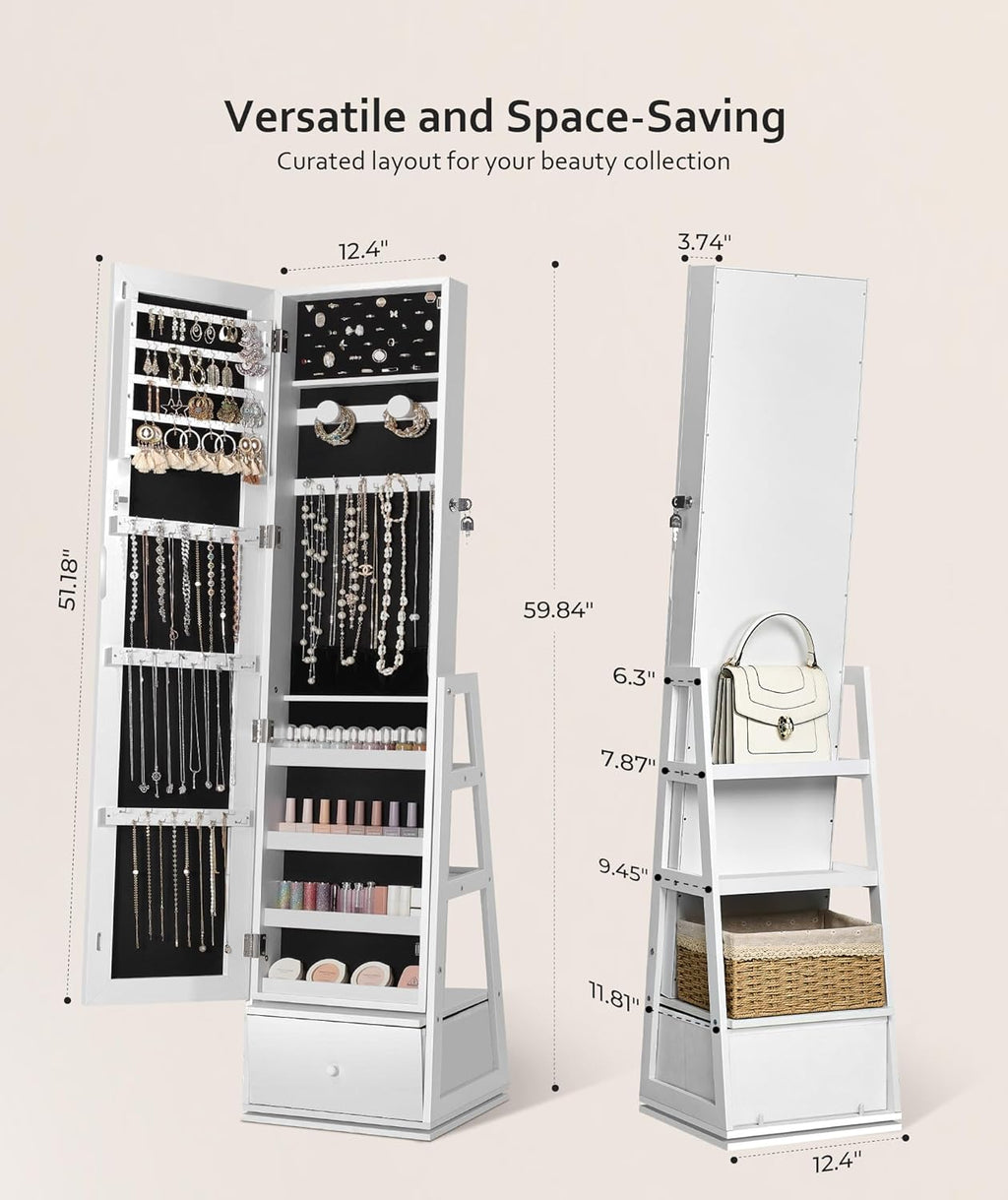 Nicetree 360°Swivel Jewelry Cabinet, Rotatable Full Length Mirror with Jewelry Storage, Standing Jewelry Armoire Organizer, Lockable Jewelry Organizer with 3 Rear Shelves, Bottom Drawer, Pure White