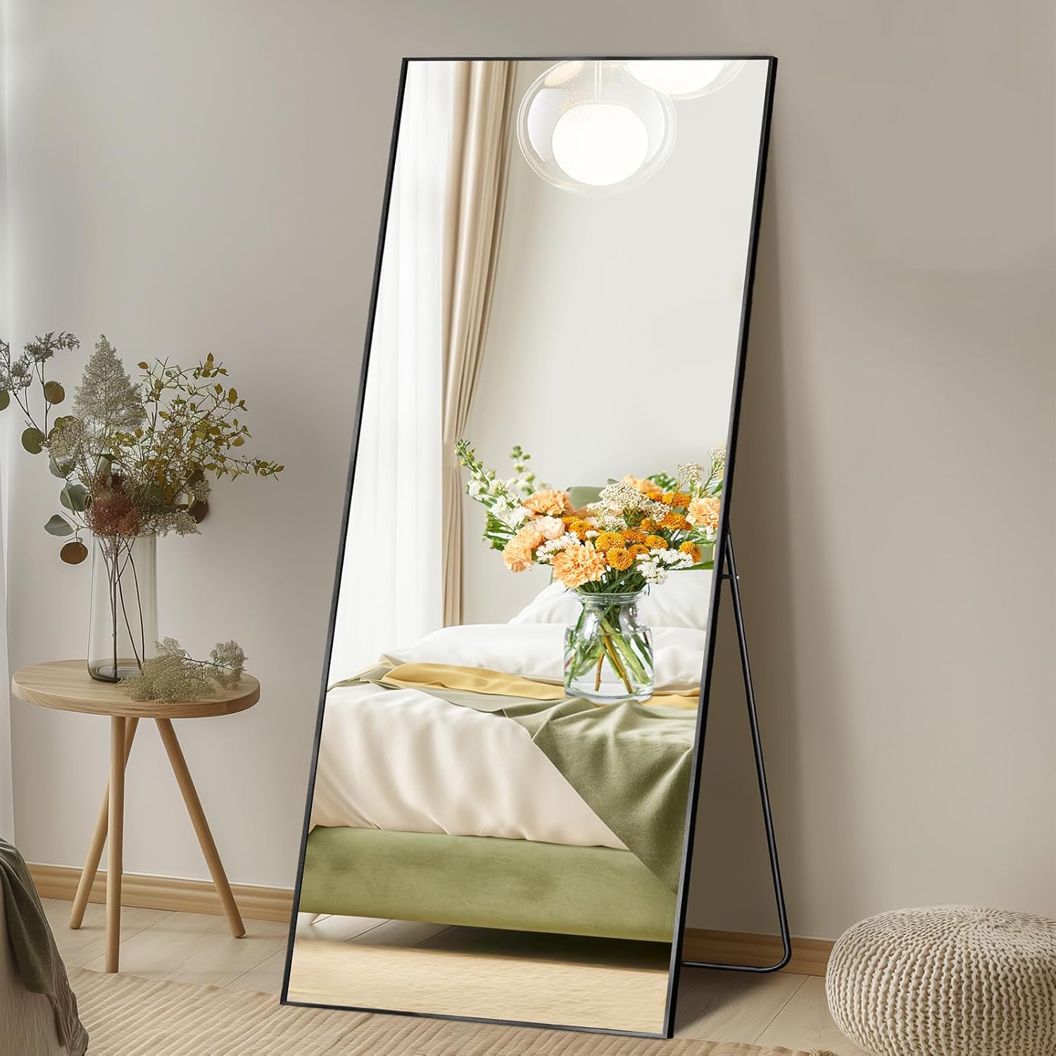 DUMOS Full Length Mirror with Stand 64"x21" Floor Standing Aluminum Frame for Bedroom Body Hanging Leaning Modern Simple Home Decor Shatter-proorf Nano Glass for Wall Living Room Cloakroom Black