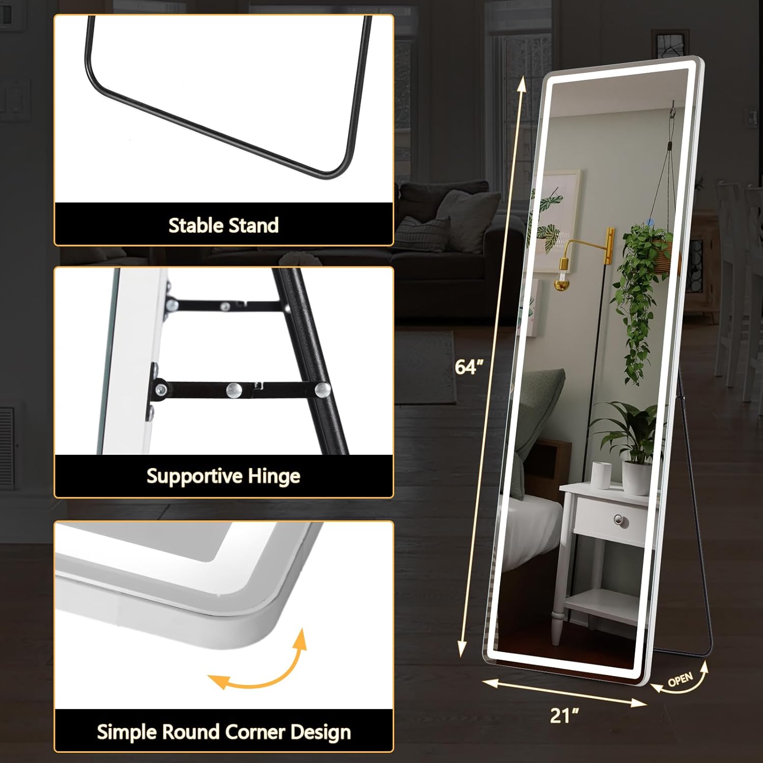 Sweetcrispy Full Length Mirror with LED Lights, 65"x21" Lighted Floor Mirror with Dimming & 3 Color Lighting, Stand for Bedroom, Dressing Room