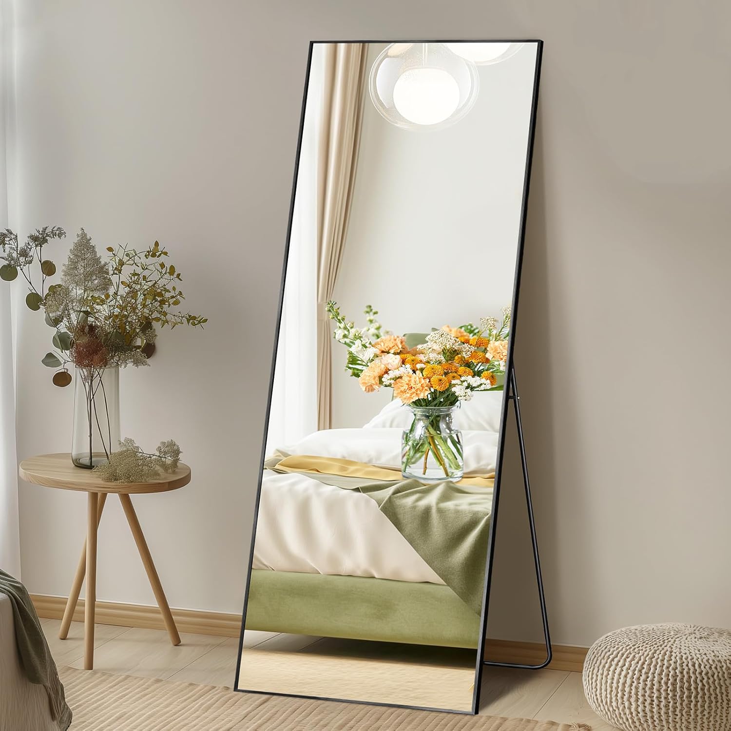 DUMOS Full Length Mirror with Stand 64"x21" Floor Standing Aluminum Frame for Bedroom Body Hanging Leaning Modern Simple Home Decor Shatter-proorf Nano Glass for Wall Living Room Cloakroom Black