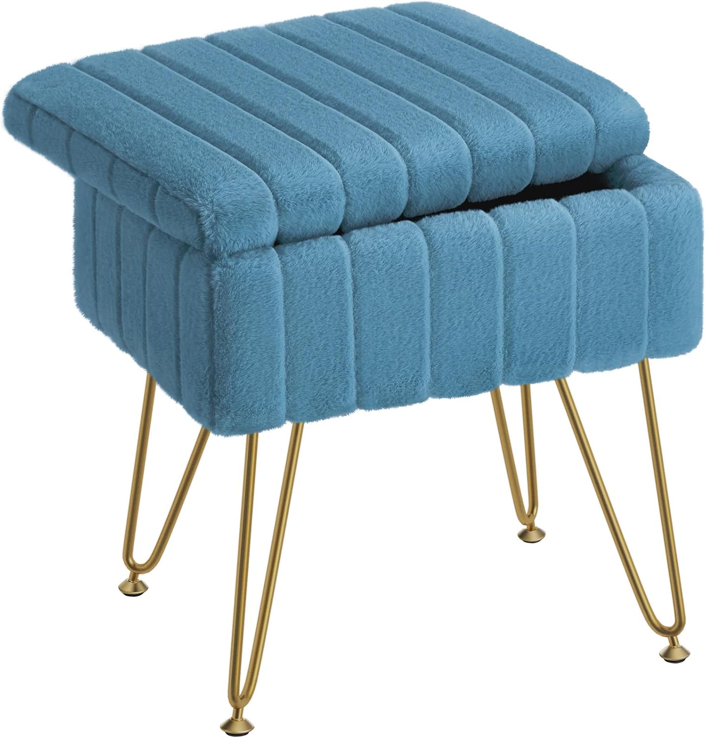 Greenstell Vanity Stool Chair Faux Fur with Storage, 15.7"L x 11.8"W x 19.4"H Soft Ottoman 4 Metal Legs with Anti-Slip Feet, Furry Padded Seat, Modern Multifunctional Chairs for Makeup, Bedroom Pink