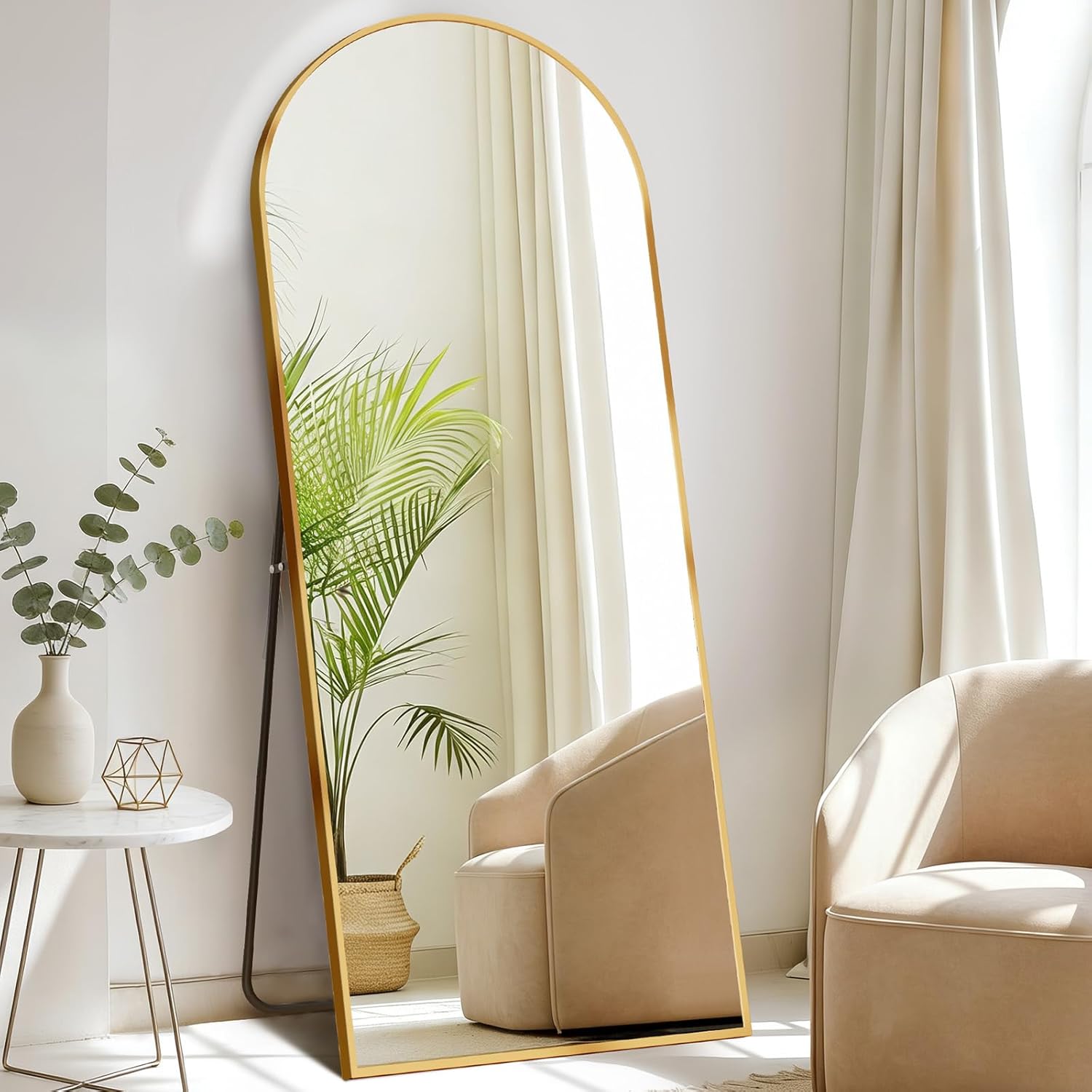 DUMOS 64"x21" Arched Full Length Mirror with Stand Floor Free Standing Aluminum Frame for Bedroom Body Hanging Leaning Modern Simple Home Decor Shatter-proorf Nano Glass Wall, Black-Rounded