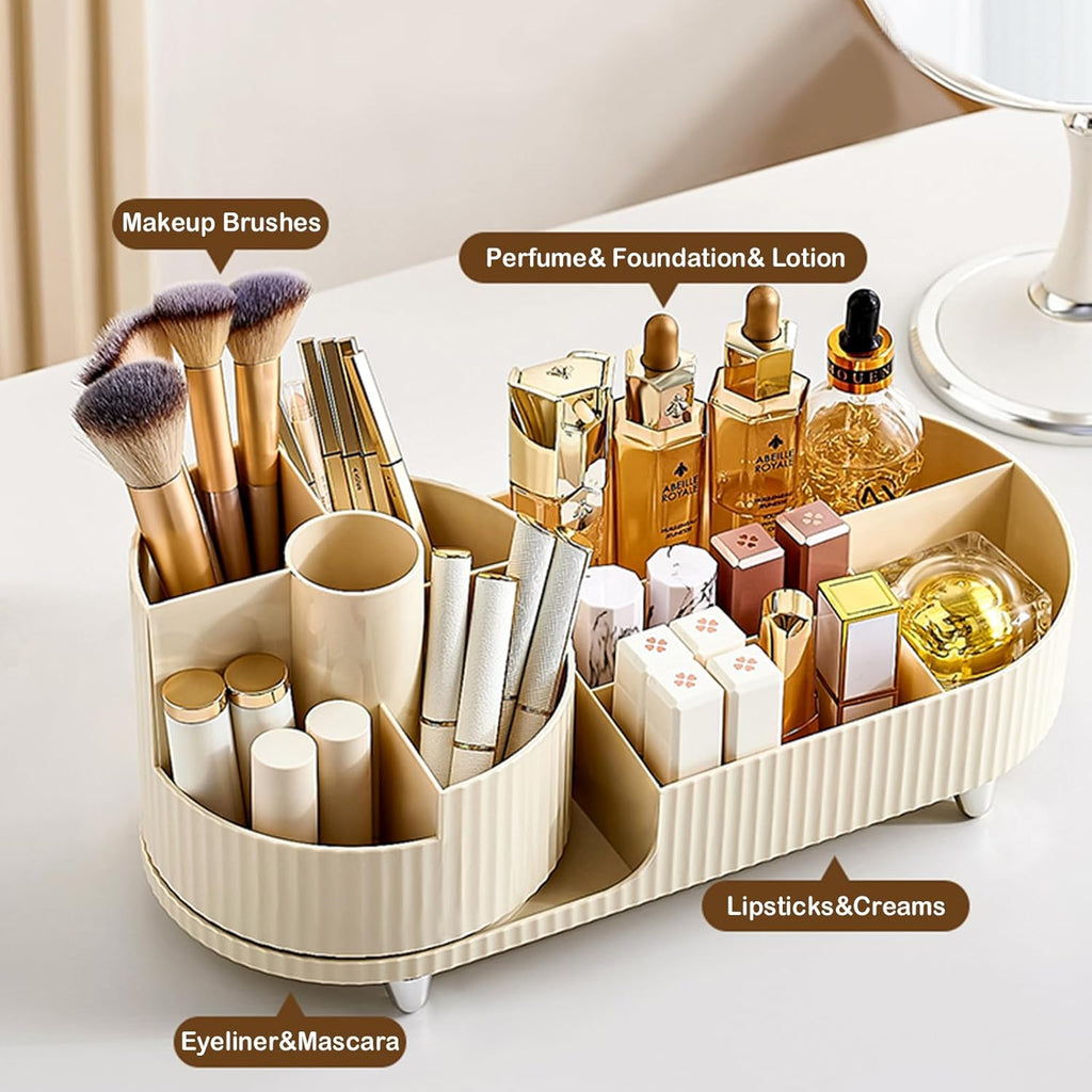 360° Rotating Vanity Makeup Organizer with Brush Holder, Large Spinning Cosmetic Storage for Skincare, Perfumes and Lotions
