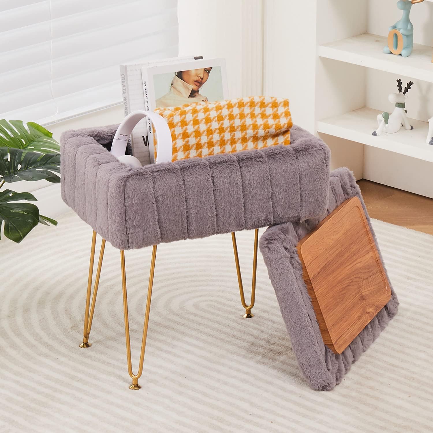 Wimarsbon Storage Ottoman, Vanity Stools with Metal Legs, 16.5" x 11.8" x 18" Modern Faux Mink Fur Footstool, Makeup Chair with Anti-Slip Feet, Accent Table,Footrest,Storage Bench for Bedroom