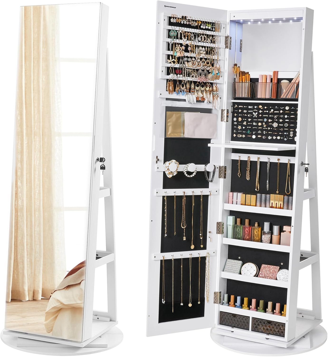 SONGMICS 6 LEDs Lockable Mirror Jewelry Cabinet, 360° Swivel Jewelry Organizer Armoire Standing, Frameless Full-Length Mirror, 3 Storage Shelves, Black Surface, Black Lining UJJC007B01