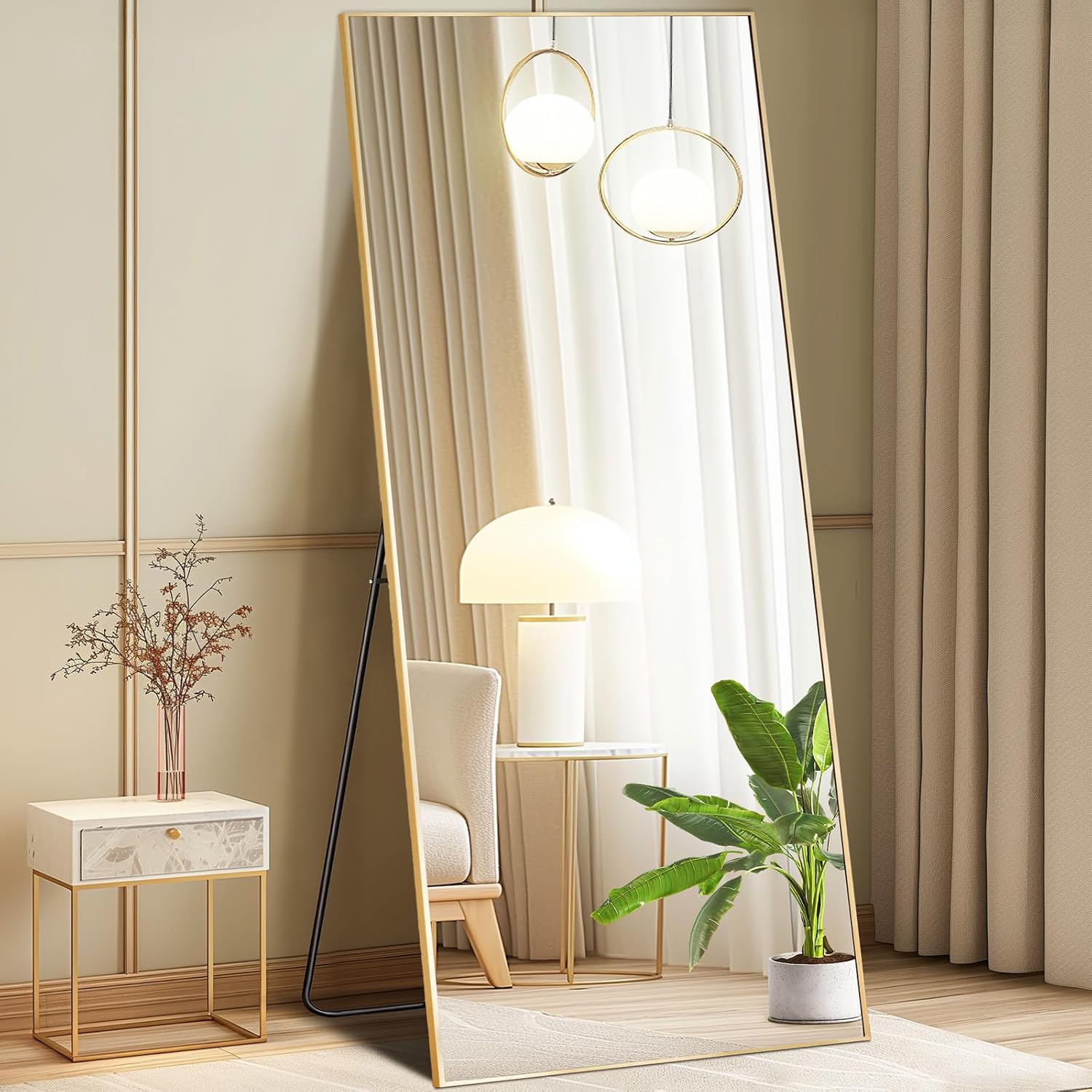 DUMOS 64"x21" Arched Full Length Mirror with Stand Floor Free Standing Aluminum Frame for Bedroom Body Hanging Leaning Modern Simple Home Decor Shatter-proorf Nano Glass Wall, Black-Rounded