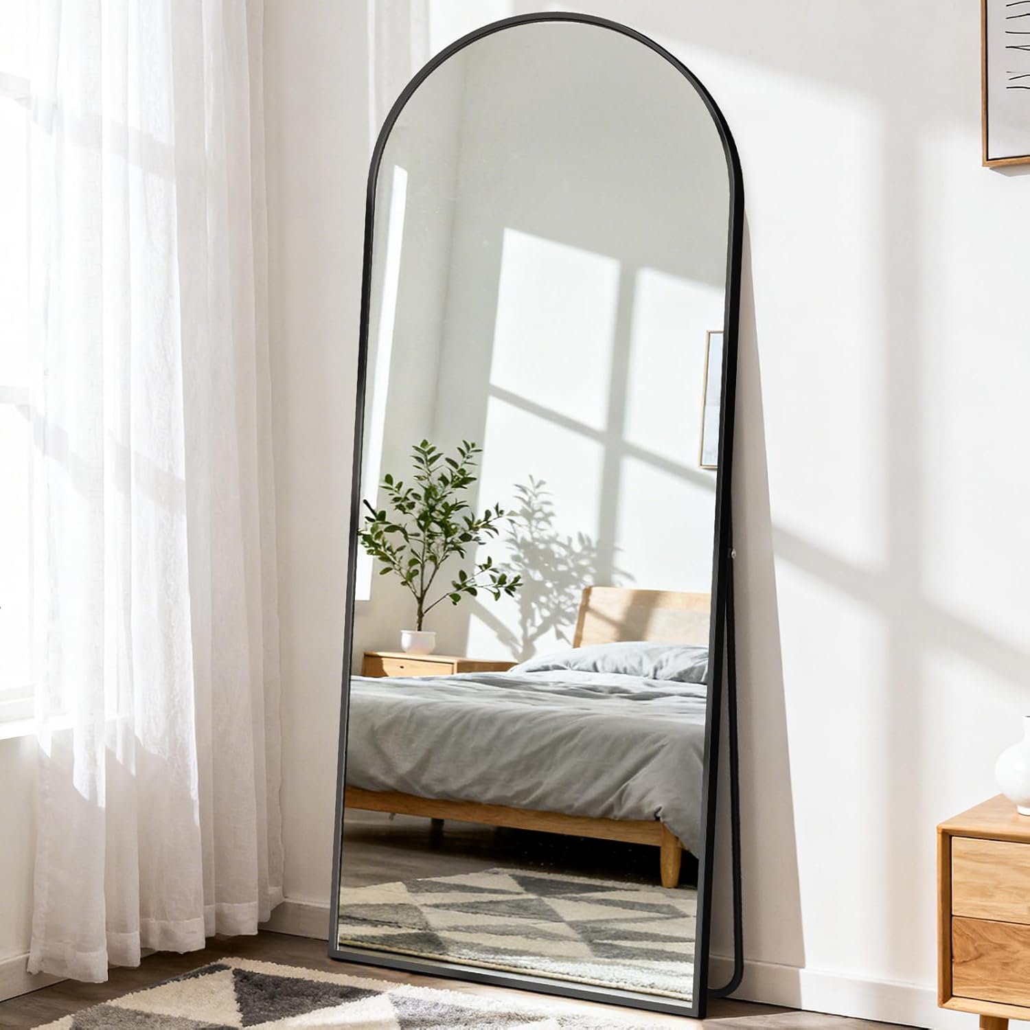 DUMOS 64"x21" Arched Full Length Mirror with Stand Floor Free Standing Aluminum Frame for Bedroom Body Hanging Leaning Modern Simple Home Decor Shatter-proorf Nano Glass Wall, Black-Rounded