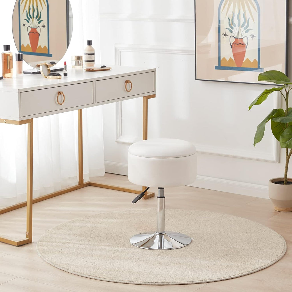 Adjustable Ottoman Stool White Vanity Stool Vanity Chair for Makeup Room Stool Chair for Vanity Stool with Storage Makeup Stools with Storage Swivel Makeup Chair for Bathroom Faux Leather
