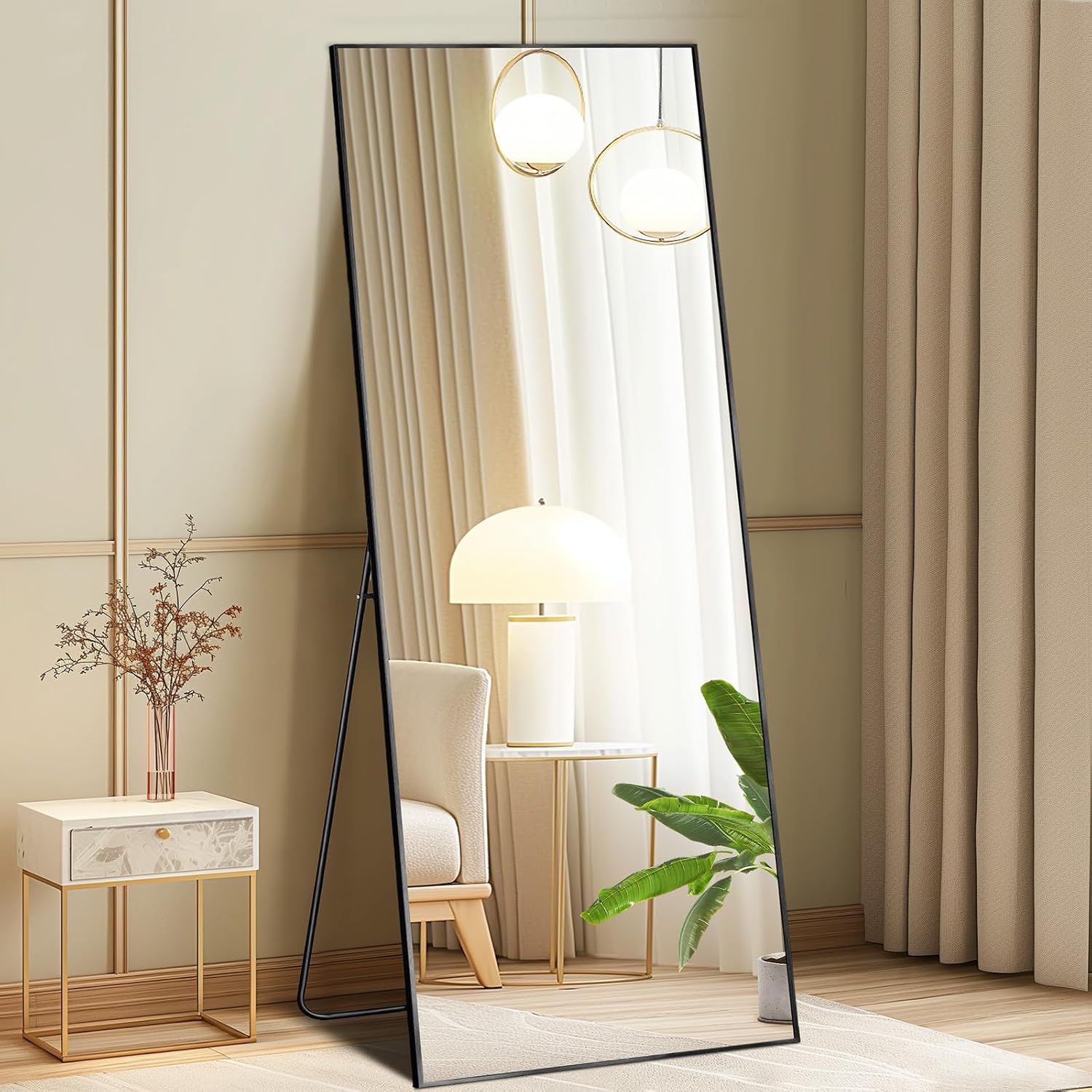 DUMOS Full Length Mirror with Stand 64"x21" Floor Standing Aluminum Frame for Bedroom Body Hanging Leaning Modern Simple Home Decor Shatter-proorf Nano Glass for Wall Living Room Cloakroom Black