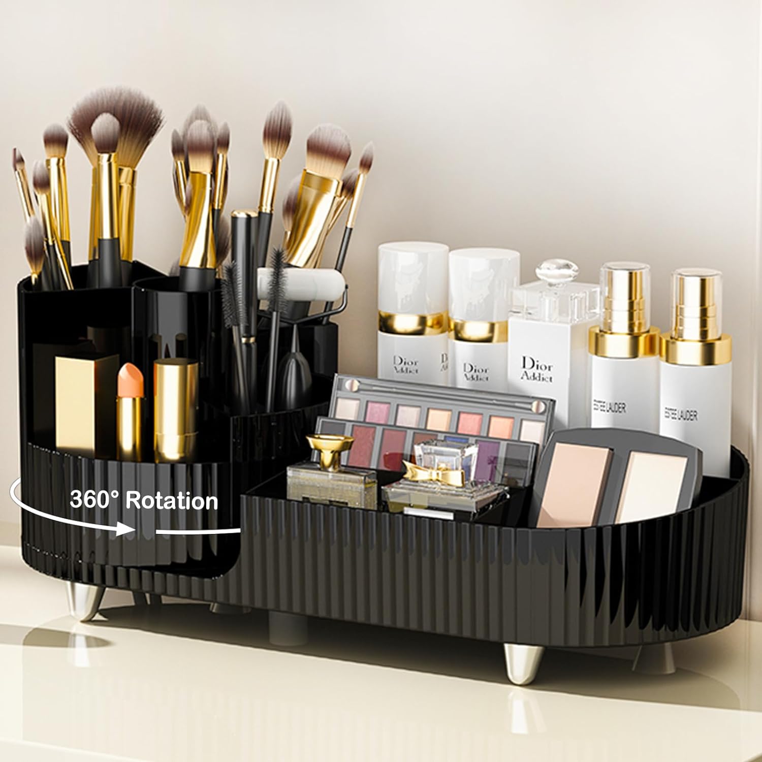 360° Rotating Vanity Makeup Organizer with Brush Holder, Large Spinning Cosmetic Storage for Skincare, Perfumes and Lotions