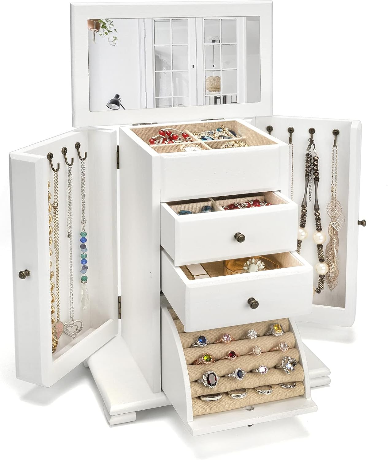 Emfogo Standing Jewelry Armoire, 7 Drawers & 2 Side Doors Jewelry Amoire Cabinet Standing with Top Flip Makeup Mirror, Jewelry Chest Jewelry Boxes