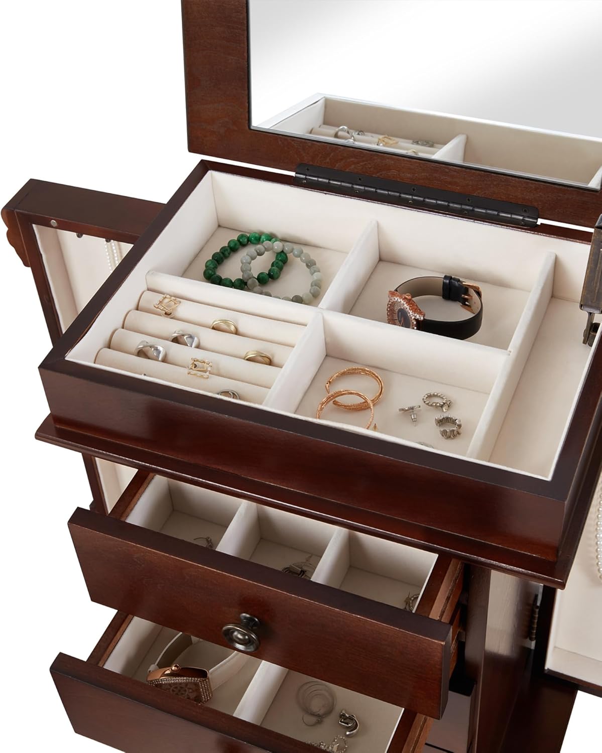 Standing Jewelry Armoire Cabinet Storage Chest with 5 Drawers, Top Divided Jewelry Organizer with Makeup Mirror, 2 Side Doors, 10 Necklace Hooks – Wooden Jewelry Armoire for Women (Walnut)