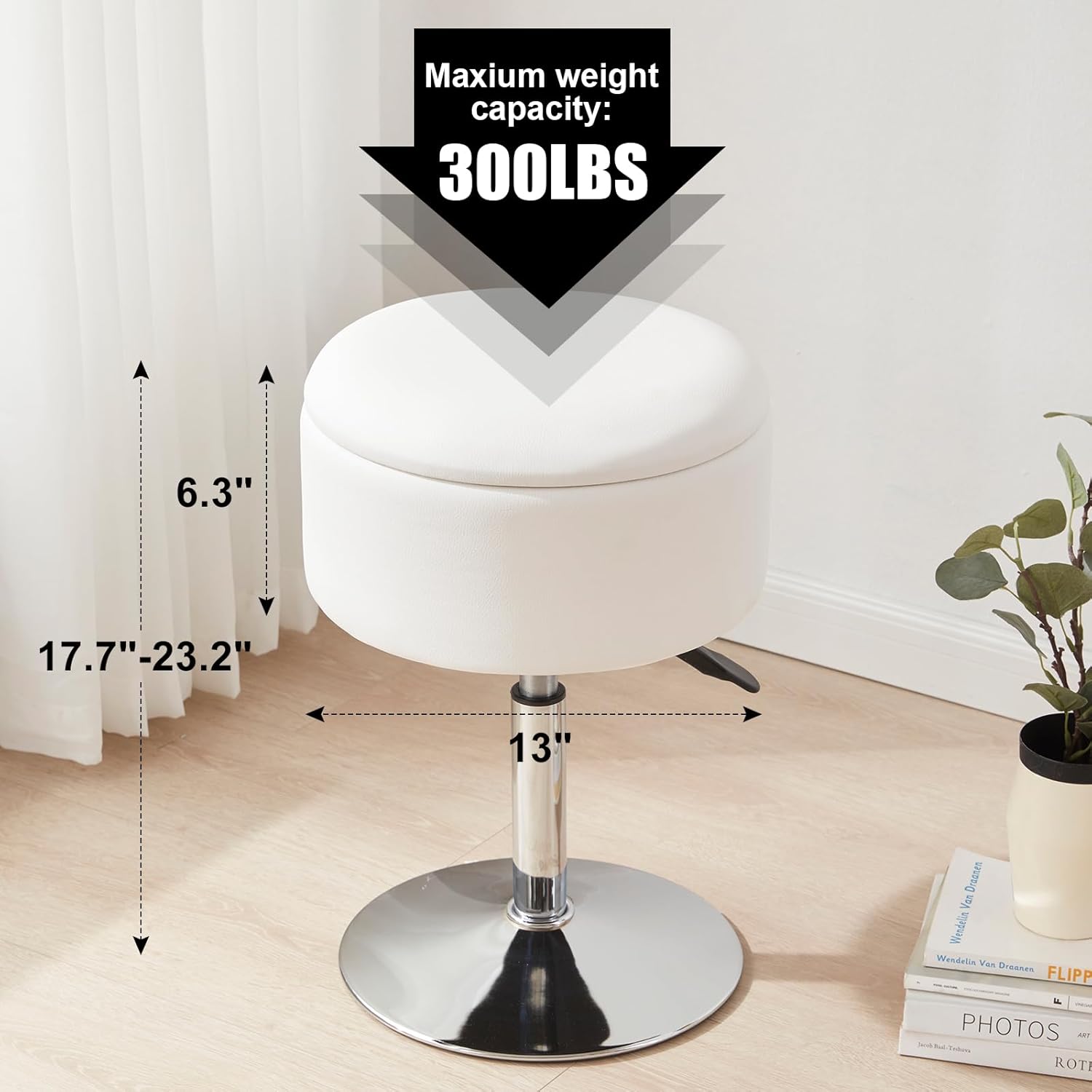 Adjustable Ottoman Stool White Vanity Stool Vanity Chair for Makeup Room Stool Chair for Vanity Stool with Storage Makeup Stools with Storage Swivel Makeup Chair for Bathroom Faux Leather