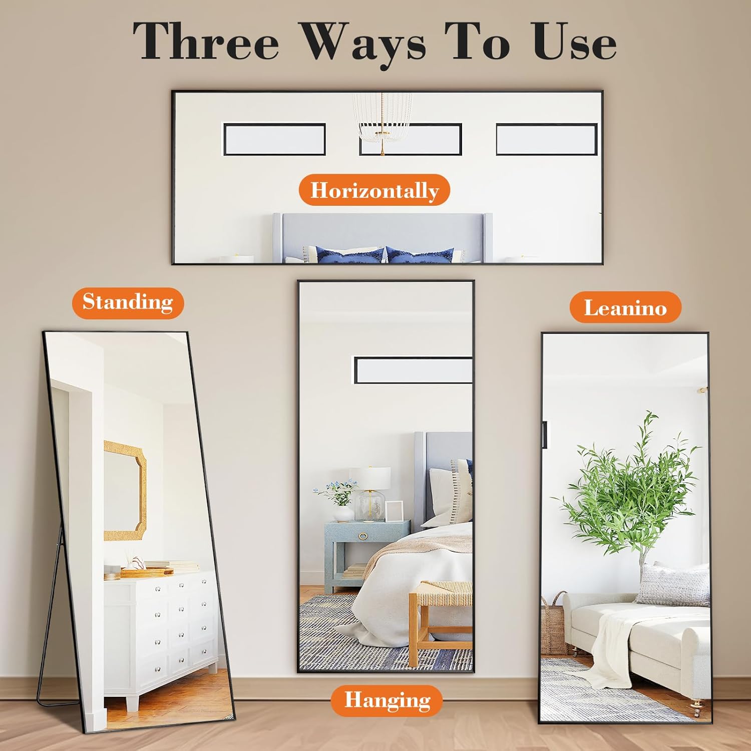 DUMOS Full Length Mirror with Stand 64"x21" Floor Standing Aluminum Frame for Bedroom Body Hanging Leaning Modern Simple Home Decor Shatter-proorf Nano Glass for Wall Living Room Cloakroom Black