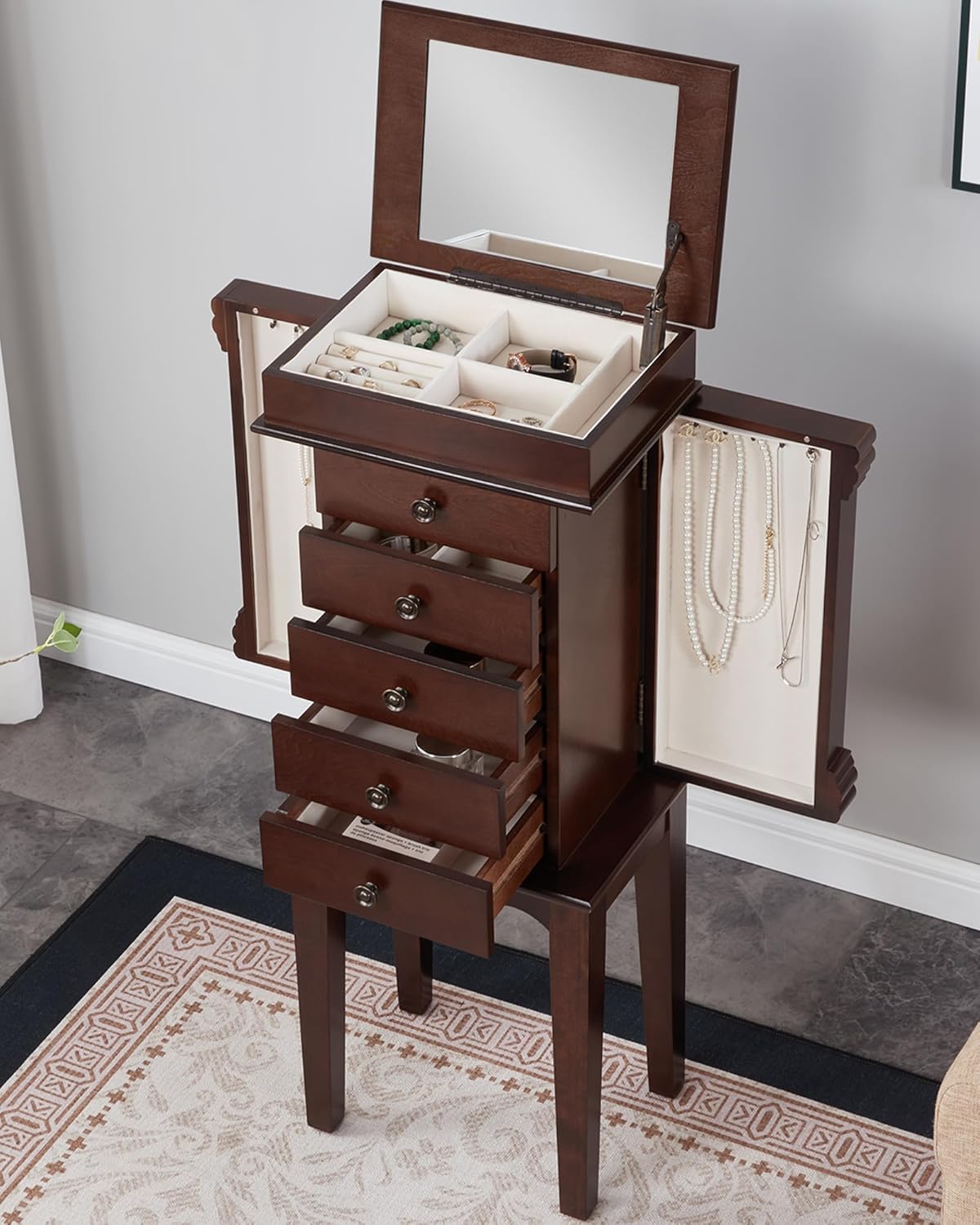 Standing Jewelry Armoire Cabinet Storage Chest with 5 Drawers, Top Divided Jewelry Organizer with Makeup Mirror, 2 Side Doors, 10 Necklace Hooks – Wooden Jewelry Armoire for Women (Walnut)
