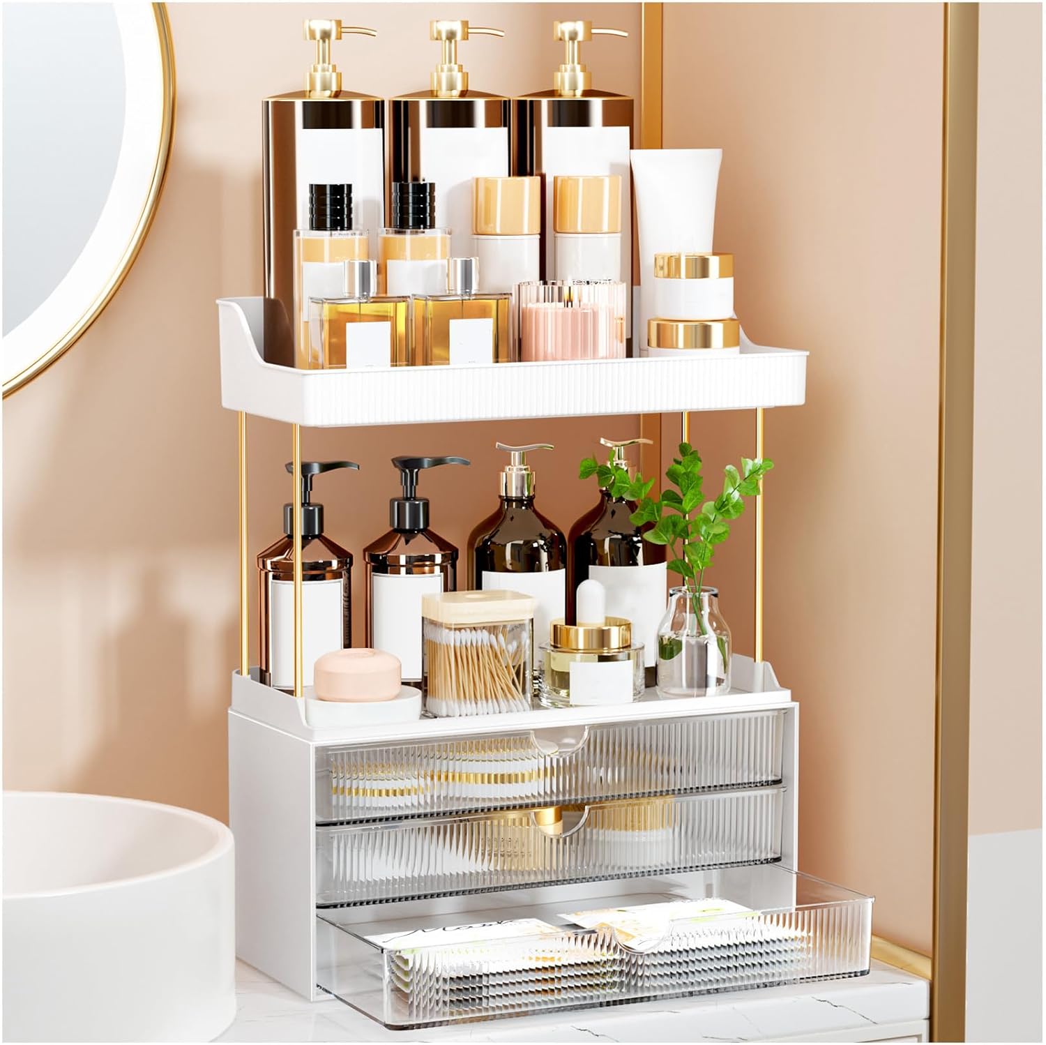 3 Large Drawers Makeup Organizer - 5 Tier Bathroom Counter Organizers and Storage, Versatile Perfume Vanity Organizer, Ideal for Cosmetic, Large Skincare, Face Mask, Office Supplies, Amber
