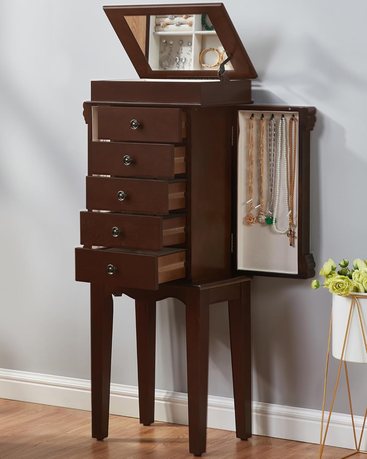 Standing Jewelry Armoire Cabinet Storage Chest with 5 Drawers, Top Divided Jewelry Organizer with Makeup Mirror, 2 Side Doors, 10 Necklace Hooks – Wooden Jewelry Armoire for Women (Walnut)