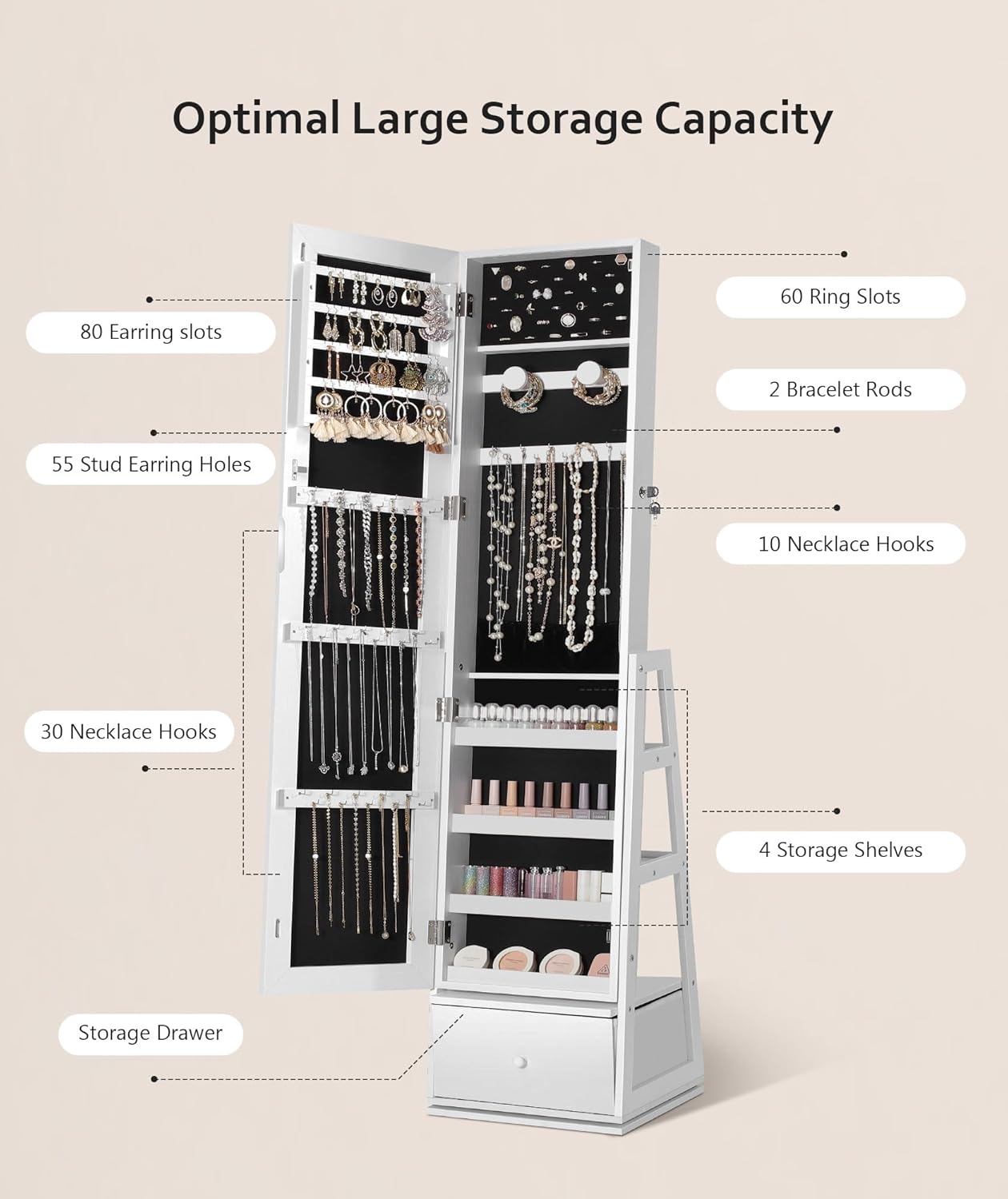 Nicetree 360°Swivel Jewelry Cabinet, Rotatable Full Length Mirror with Jewelry Storage, Standing Jewelry Armoire Organizer, Lockable Jewelry Organizer with 3 Rear Shelves, Bottom Drawer, Pure White