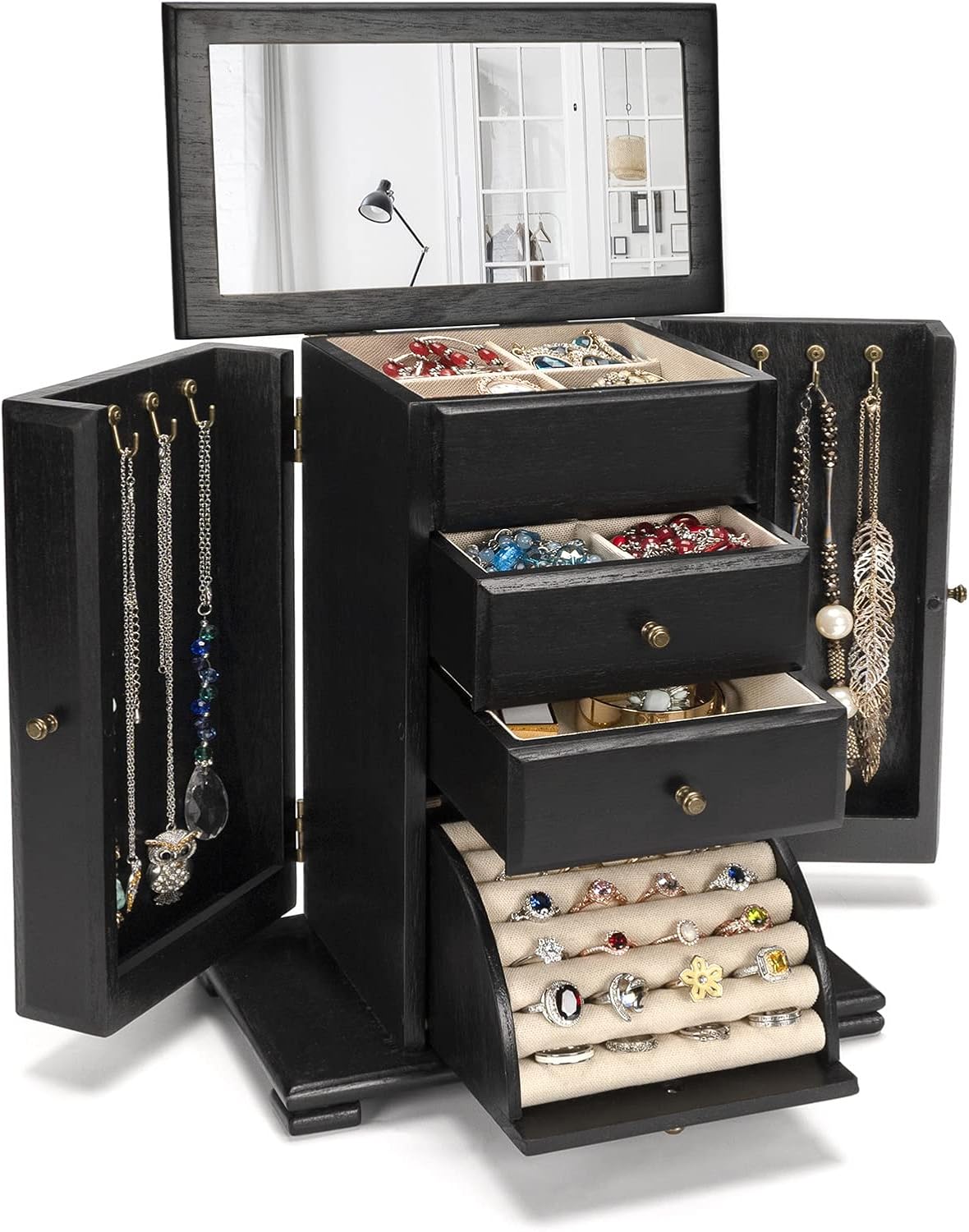 Emfogo Standing Jewelry Armoire, 7 Drawers & 2 Side Doors Jewelry Amoire Cabinet Standing with Top Flip Makeup Mirror, Jewelry Chest Jewelry Boxes