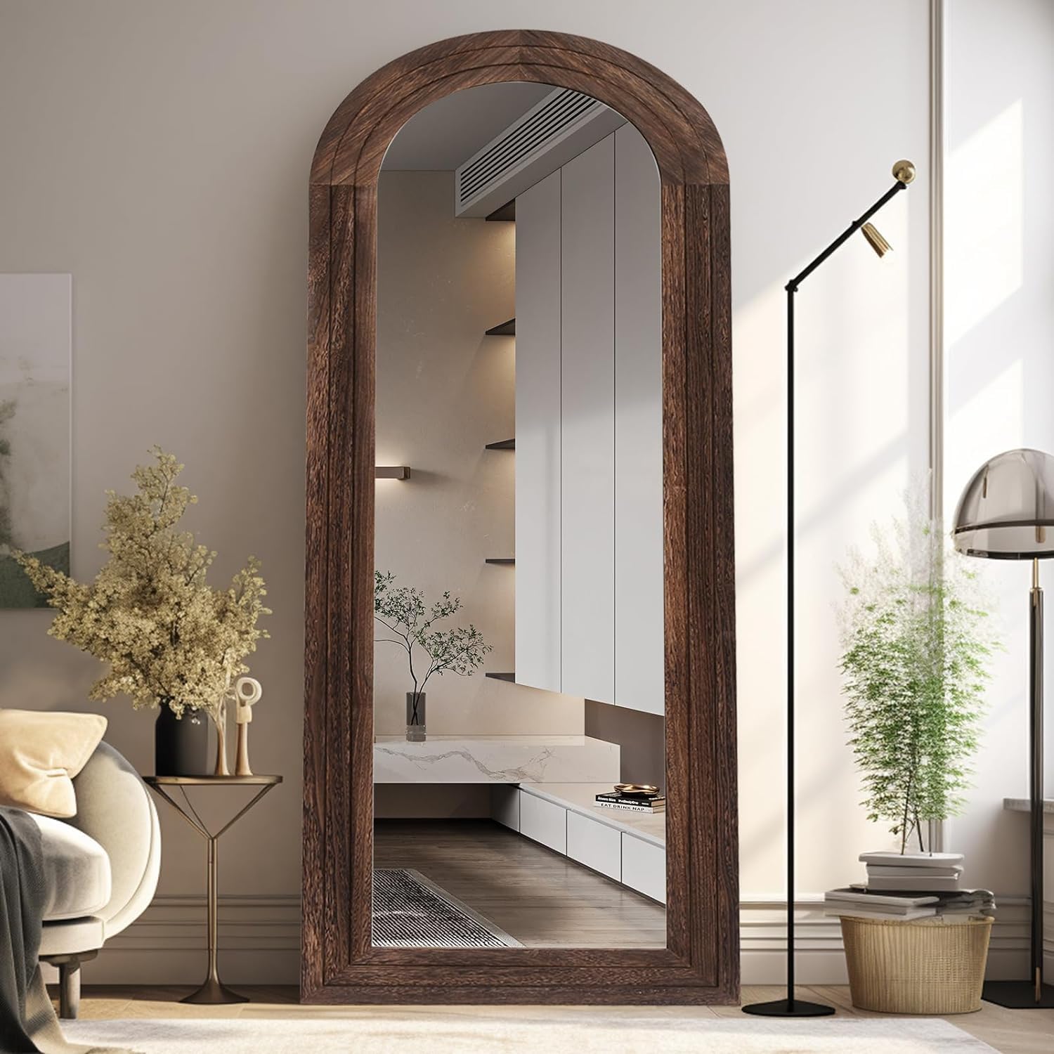 Arched Full Length Mirror with Solid Wood Frame, 71x32 Farmhouse Wall Mounted Floor Mirror with Stand, Vertical Hanging, Leaning Standing for Bedroom, Living Room, Brown