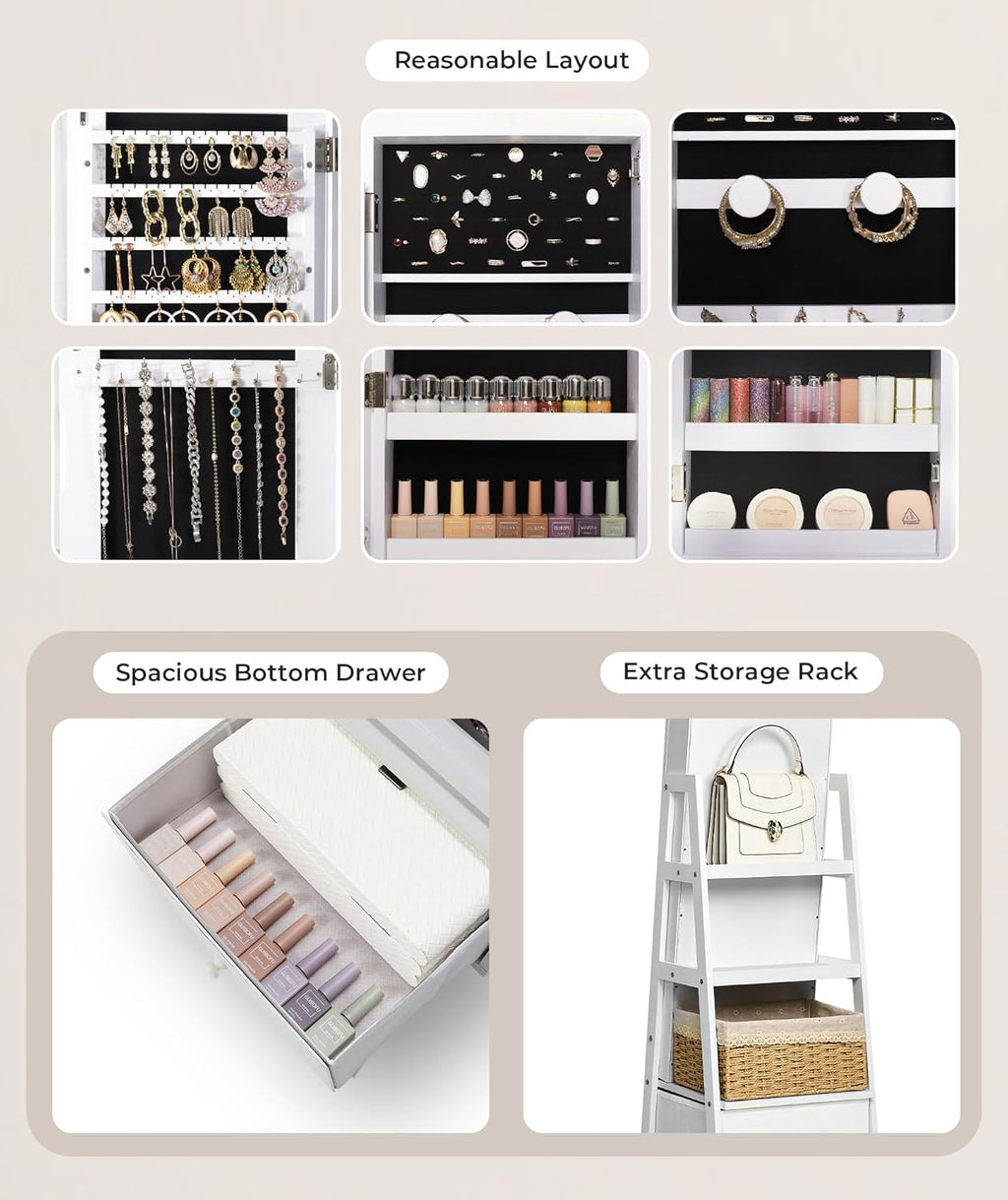 Nicetree 360°Swivel Jewelry Cabinet, Rotatable Full Length Mirror with Jewelry Storage, Standing Jewelry Armoire Organizer, Lockable Jewelry Organizer with 3 Rear Shelves, Bottom Drawer, Pure White