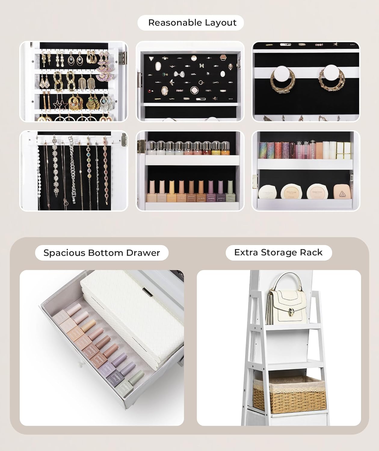 Nicetree 360°Swivel Jewelry Cabinet, Rotatable Full Length Mirror with Jewelry Storage, Standing Jewelry Armoire Organizer, Lockable Jewelry Organizer with 3 Rear Shelves, Bottom Drawer, Pure White