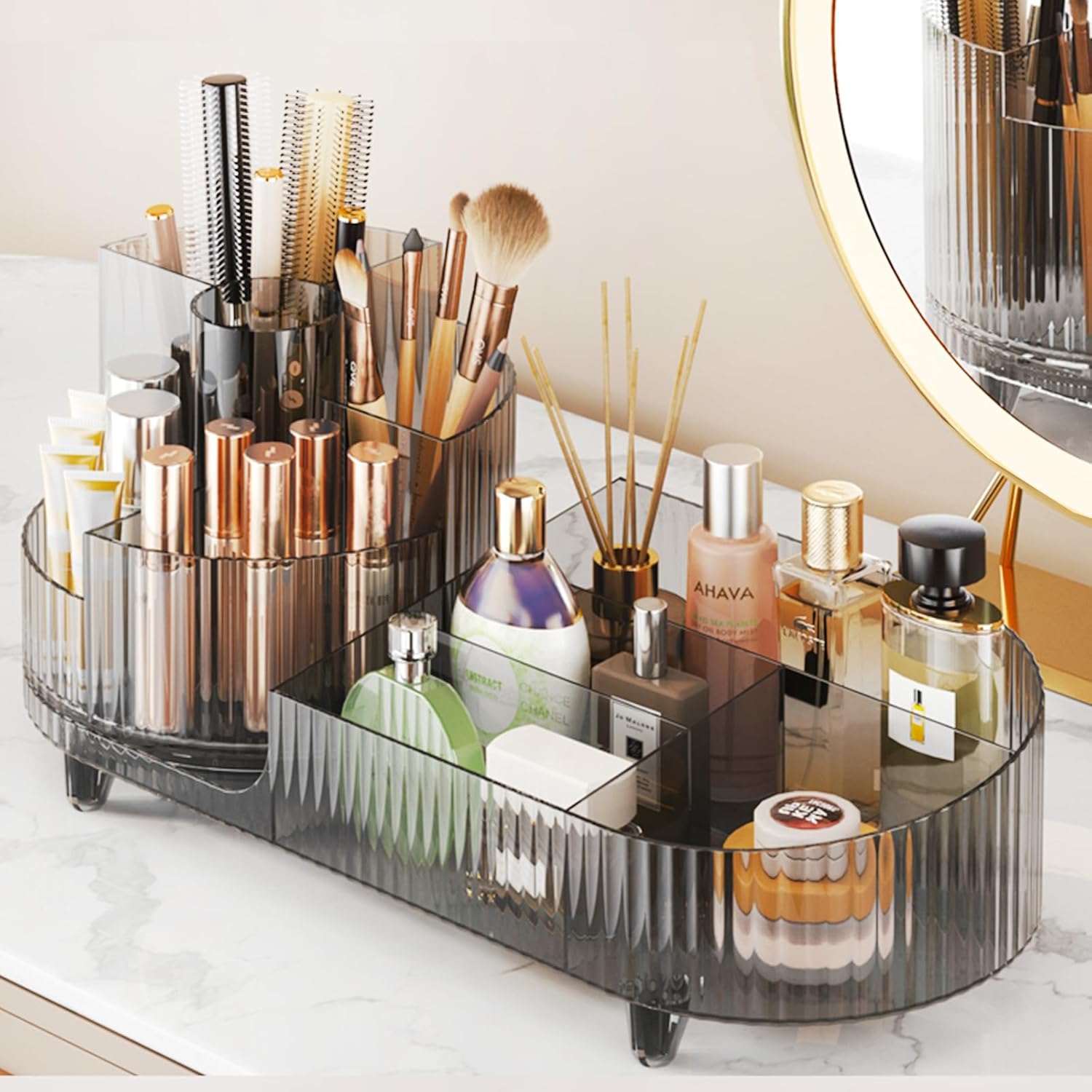 360° Rotating Vanity Makeup Organizer with Brush Holder, Large Spinning Cosmetic Storage for Skincare, Perfumes and Lotions