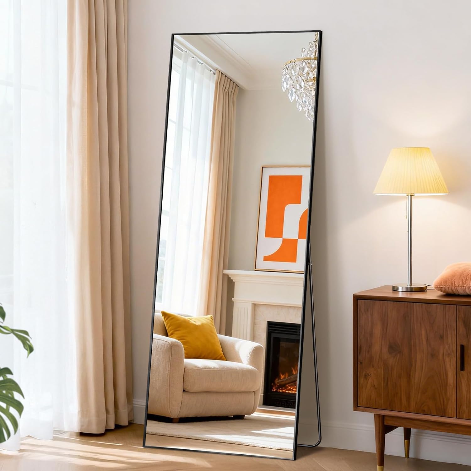 DUMOS 64"x21" Arched Full Length Mirror with Stand Floor Free Standing Aluminum Frame for Bedroom Body Hanging Leaning Modern Simple Home Decor Shatter-proorf Nano Glass Wall, Black-Rounded