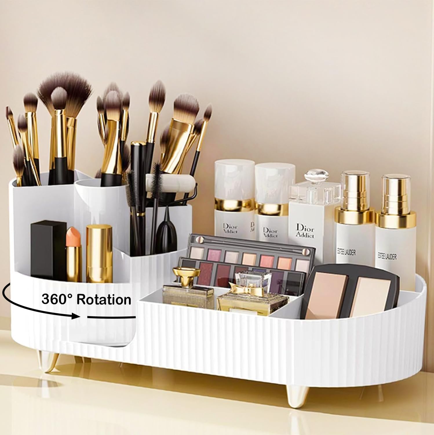360° Rotating Vanity Makeup Organizer with Brush Holder, Large Spinning Cosmetic Storage for Skincare, Perfumes and Lotions