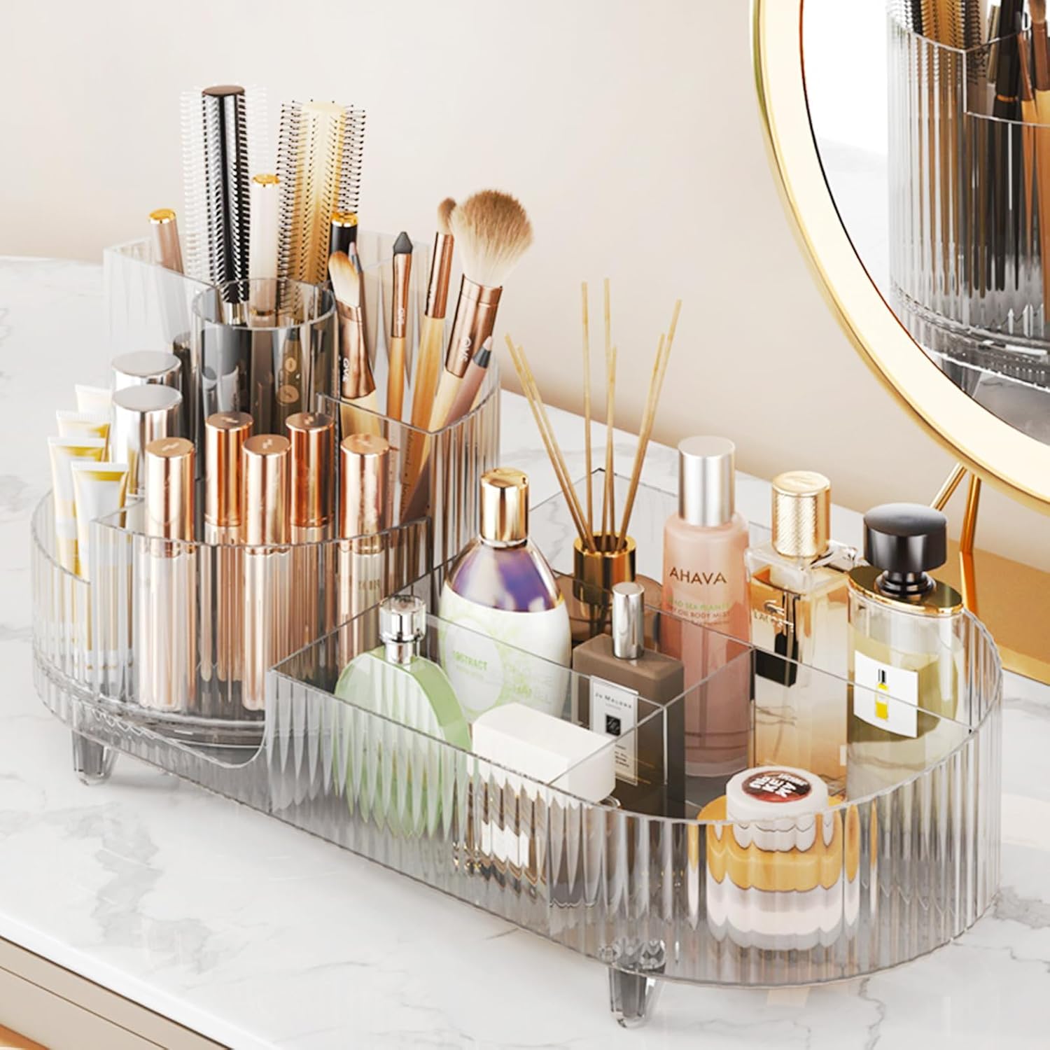 360° Rotating Vanity Makeup Organizer with Brush Holder, Large Spinning Cosmetic Storage for Skincare, Perfumes and Lotions