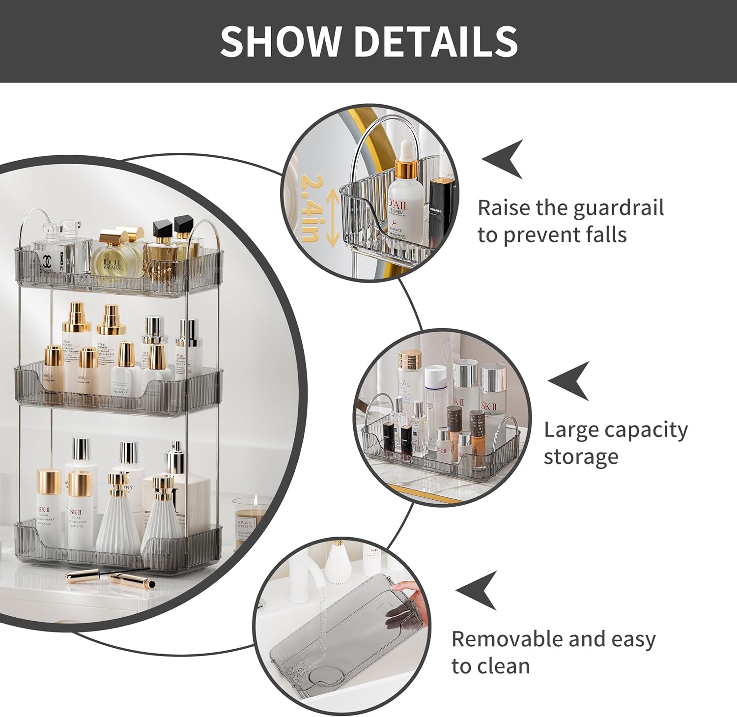 3 Tier Bathroom Organizer Countertop Makeup Perfume Tray Skincare Organizer for Bathroom Dresser Vanity (Grey)