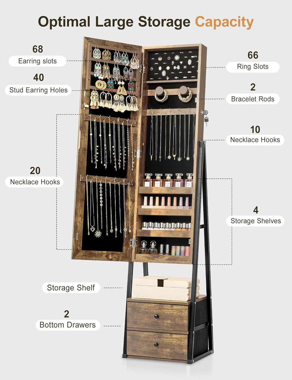 Nicetree Jewelry Cabinet Armoire with 2 Drawers, Lockable Standing Jewelry Mirror Cabinet, Full Length Mirror with Jewelry Storage, Rustic Brown