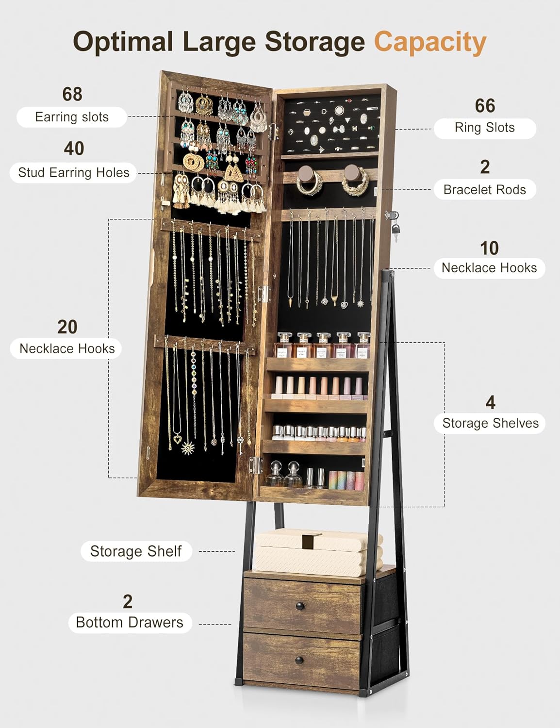 Nicetree Jewelry Cabinet Armoire with 2 Drawers, Lockable Standing Jewelry Mirror Cabinet, Full Length Mirror with Jewelry Storage, Rustic Brown