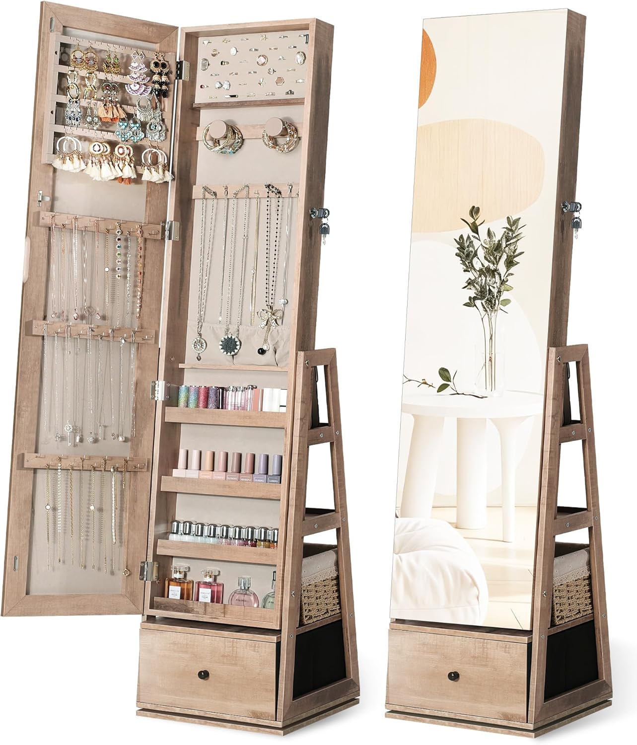 Nicetree 360°Swivel Jewelry Cabinet, Rotatable Full Length Mirror with Jewelry Storage, Standing Jewelry Armoire Organizer, Lockable Jewelry Organizer with 3 Rear Shelves, Bottom Drawer, Pure White