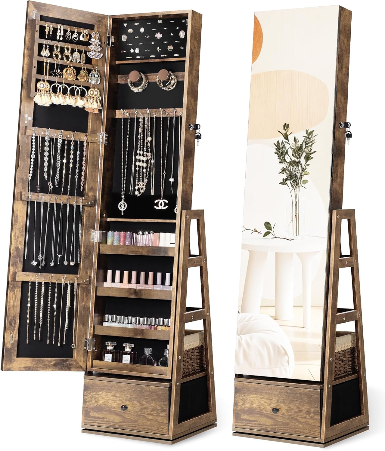 Nicetree 360°Swivel Jewelry Cabinet, Rotatable Full Length Mirror with Jewelry Storage, Standing Jewelry Armoire Organizer, Lockable Jewelry Organizer with 3 Rear Shelves, Bottom Drawer, Pure White