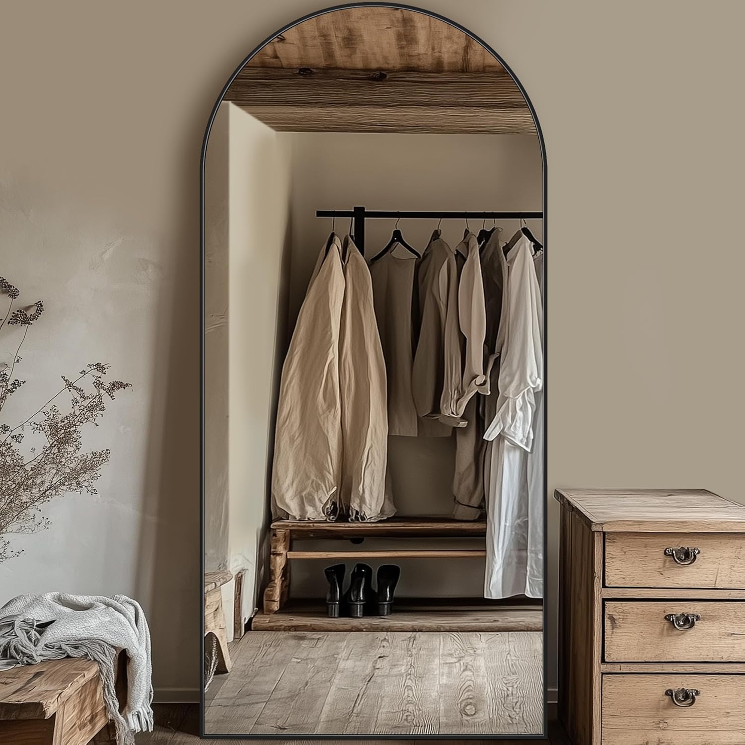 Full Length Mirror, 76"x34" Oversized Arched Mirror Large Standing Mirrors, Tall Mirrors Body Floor Mirror for Bedroom Living Room Aluminum Frame,Black