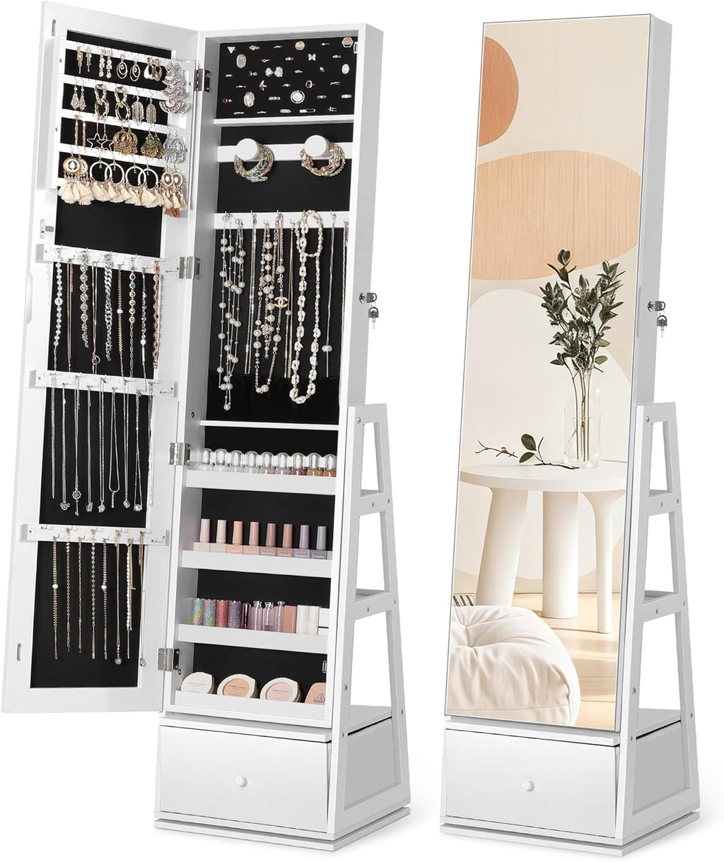 Nicetree 360°Swivel Jewelry Cabinet, Rotatable Full Length Mirror with Jewelry Storage, Standing Jewelry Armoire Organizer, Lockable Jewelry Organizer with 3 Rear Shelves, Bottom Drawer, Pure White