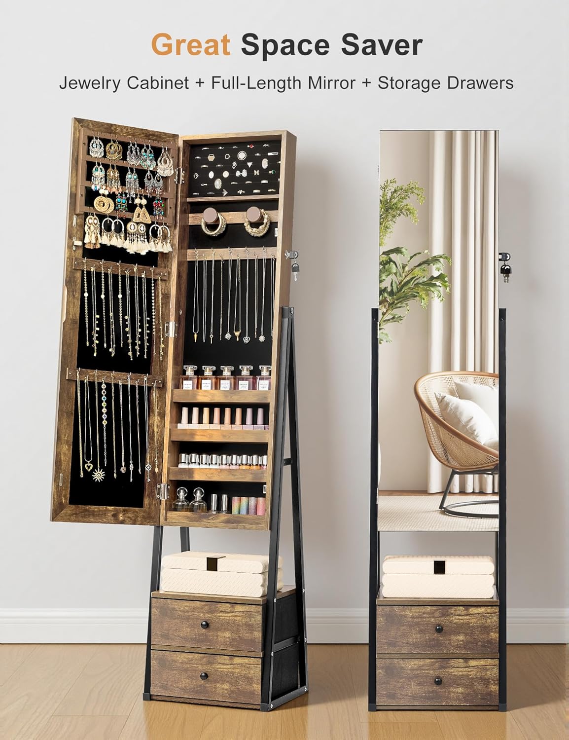 Nicetree Jewelry Cabinet Armoire with 2 Drawers, Lockable Standing Jewelry Mirror Cabinet, Full Length Mirror with Jewelry Storage, Rustic Brown