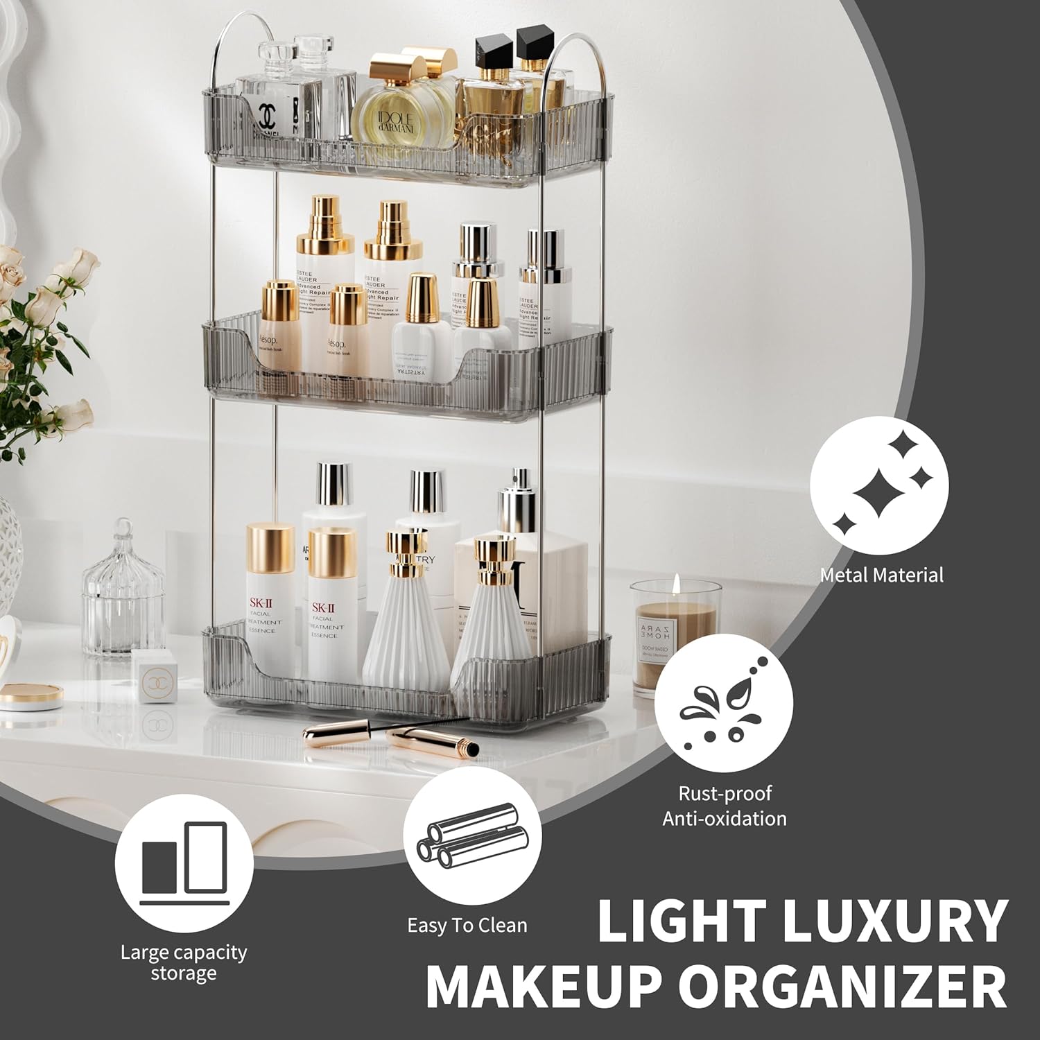 3 Tier Bathroom Organizer Countertop Makeup Perfume Tray Skincare Organizer for Bathroom Dresser Vanity (Grey)