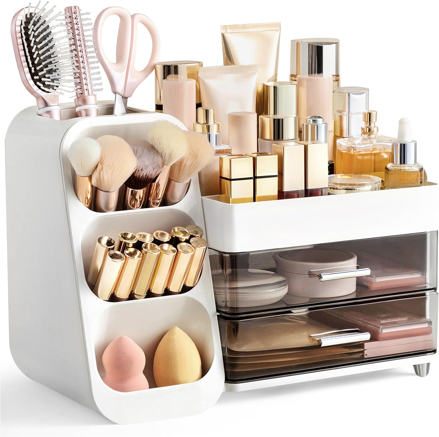 HBlife Makeup Organizer with Brush Holder for Vanity, Large Plastic Bathroom Countertop Organizer Skin Care Storage, Easy to Store Lipsticks, Nail Polishes, Perfumes, Eyeshadow Palettes, All White