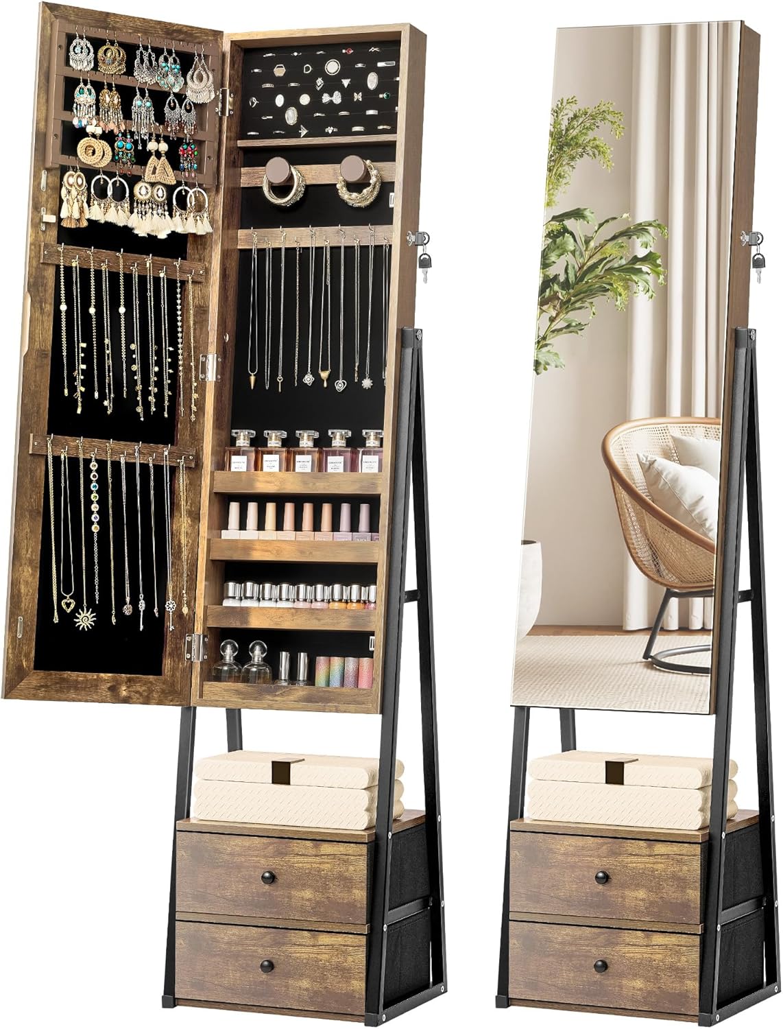 Nicetree Jewelry Cabinet Armoire with 2 Drawers, Lockable Standing Jewelry Mirror Cabinet, Full Length Mirror with Jewelry Storage, Rustic Brown