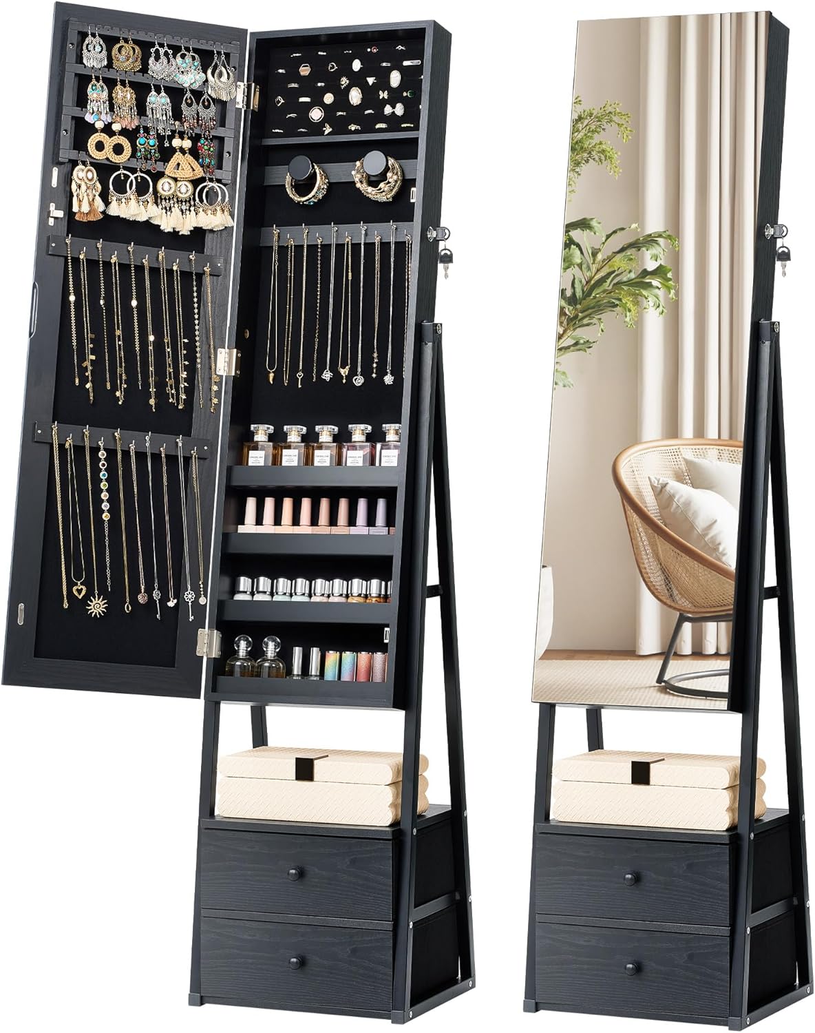 Nicetree Jewelry Cabinet Armoire with 2 Drawers, Lockable Standing Jewelry Mirror Cabinet, Full Length Mirror with Jewelry Storage, Rustic Brown