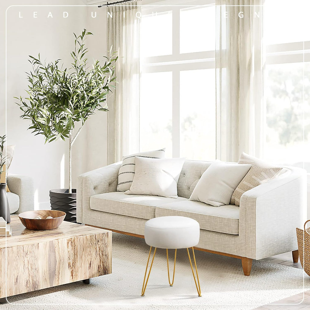 LUE BONA Vanity Stool, White Vanity Stools for Makeup Room, Round Ottoman Foot Stool, Velvet Footrest Vanity Chair for Bathroom Vanity, Bedroom, Living Room, Entryway, Offices