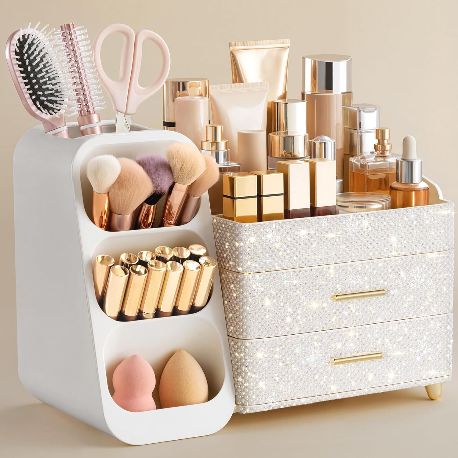HBlife Makeup Organizer with Brush Holder for Vanity, Large Plastic Bathroom Countertop Organizer Skin Care Storage, Easy to Store Lipsticks, Nail Polishes, Perfumes, Eyeshadow Palettes, All White